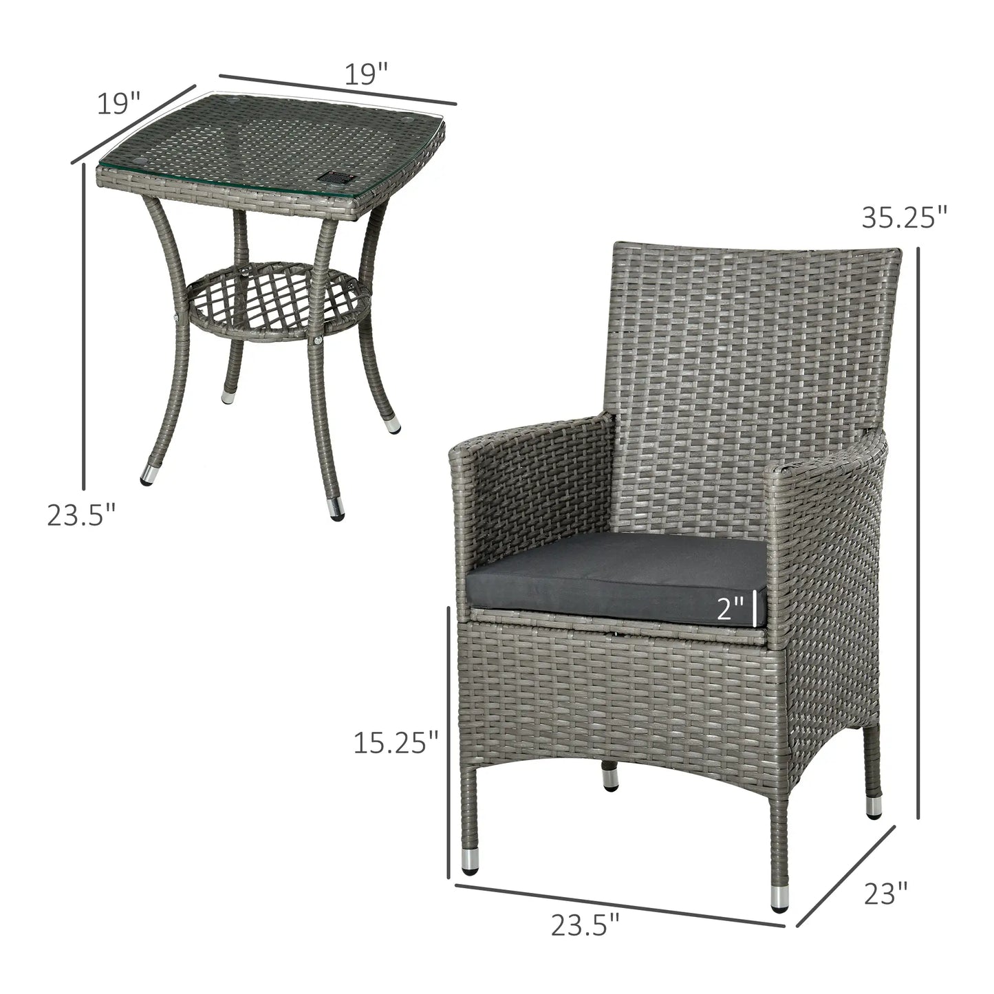 3 Pieces Wicker Patio Furniture Set, Rattan Bistro Set with Glass Top Coffee Table and Cushions, Outdoor Conversation Set for Garden, Porch, Balcony, Grey
