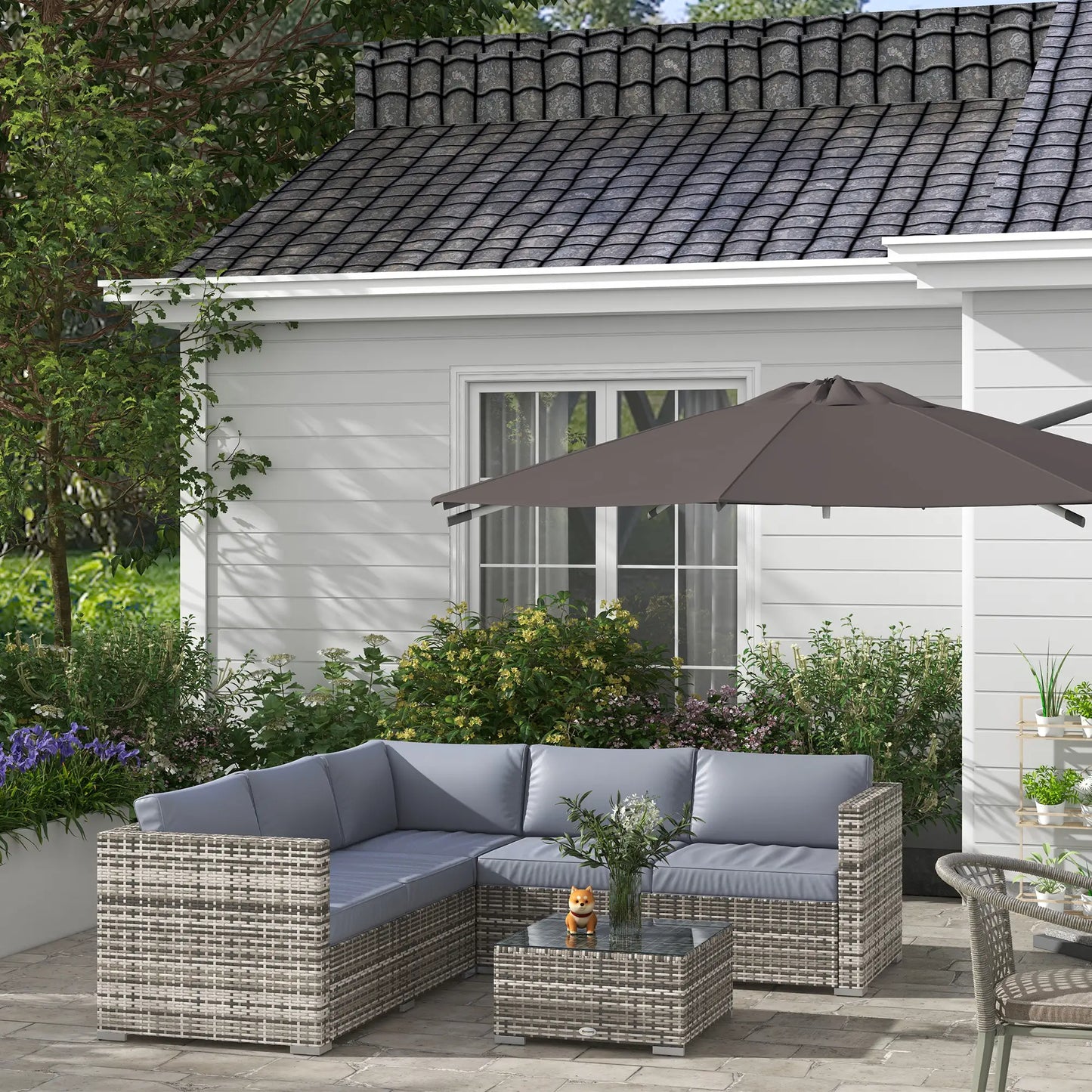 4 Pieces Rattan Wicker Outdoor Conversation Furniture Set w/ Corner Sofa Loveseats Coffee Table Cushions, Grey