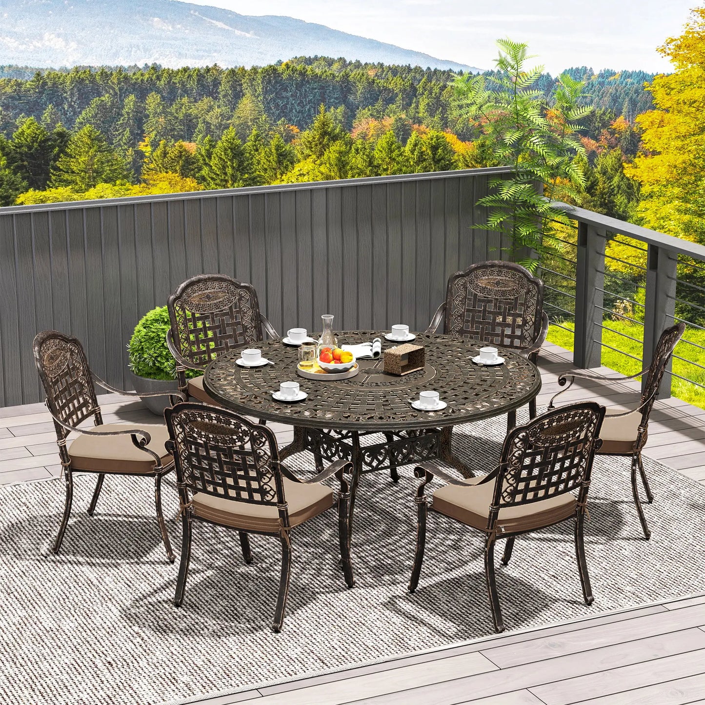 Outdoor Dining Set for 6, Aluminum Patio Table and Chairs Furniture Set with Umbrella Hole, Cushions, Bronze