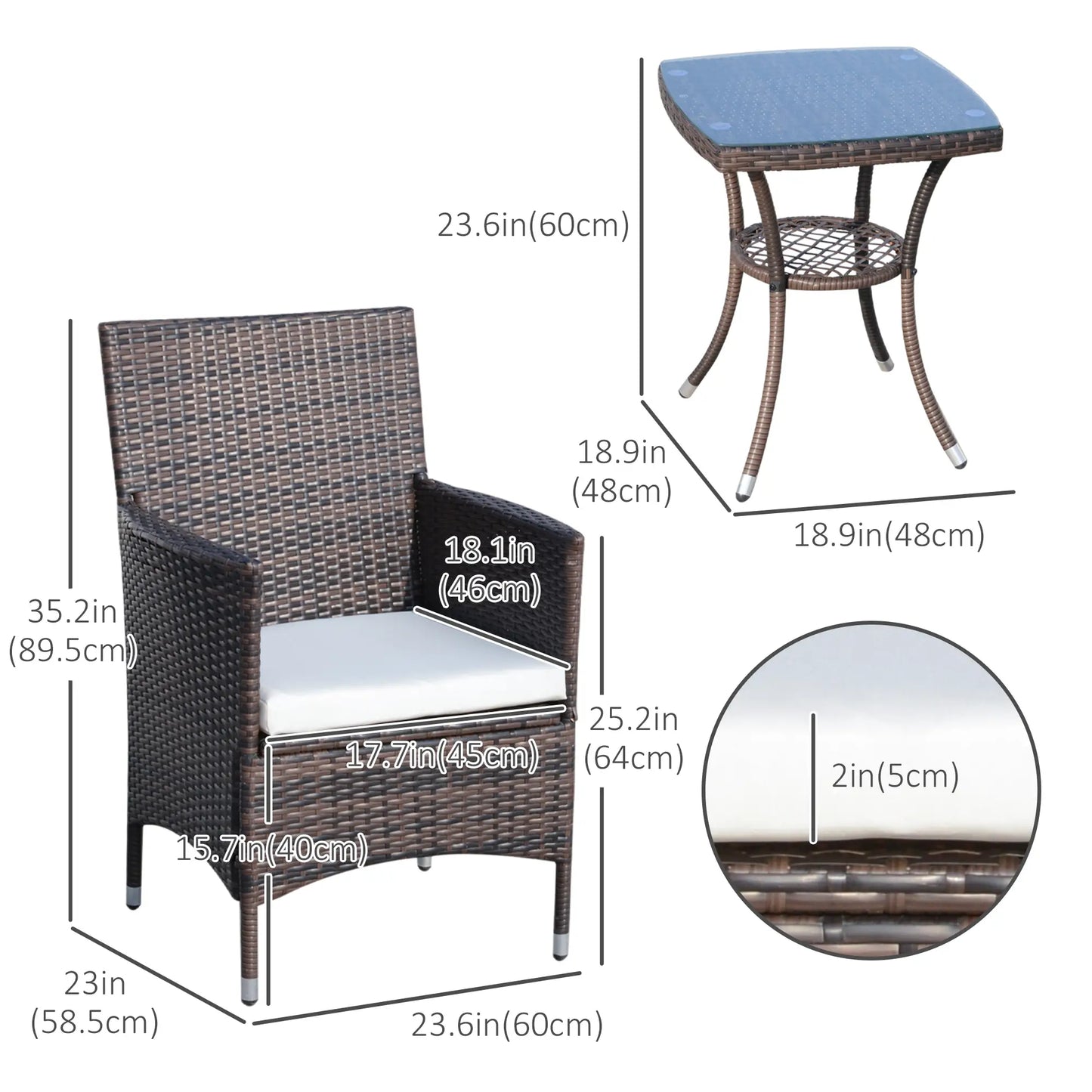 3-Piece Wicker Patio Furniture Set, Rattan Bistro Set with Glass Top Table and Cushions, Outdoor Conversation Set for Garden, Porch, or Balcony.