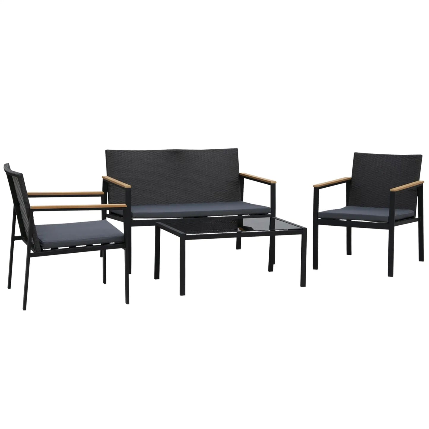 4 Pieces Wicker Patio Furniture Set with Cushions, Outdoor Rattan PE Rattan Conversation Set, Chairs and Loveseat with PS Board Armrests Decoration, Glass Top Table, Black