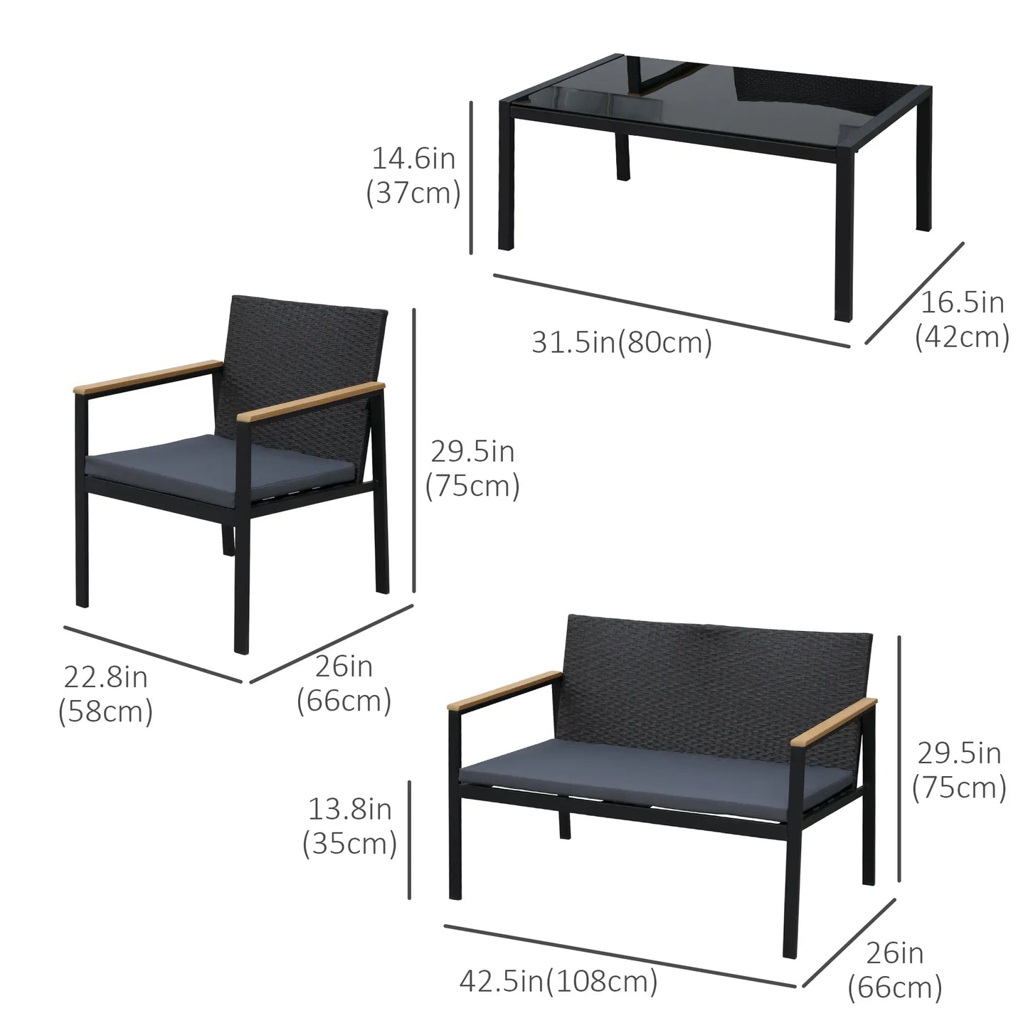 4 Pieces Wicker Patio Furniture Set with Cushions, Outdoor Rattan PE Rattan Conversation Set, Chairs and Loveseat with PS Board Armrests Decoration, Glass Top Table, Black