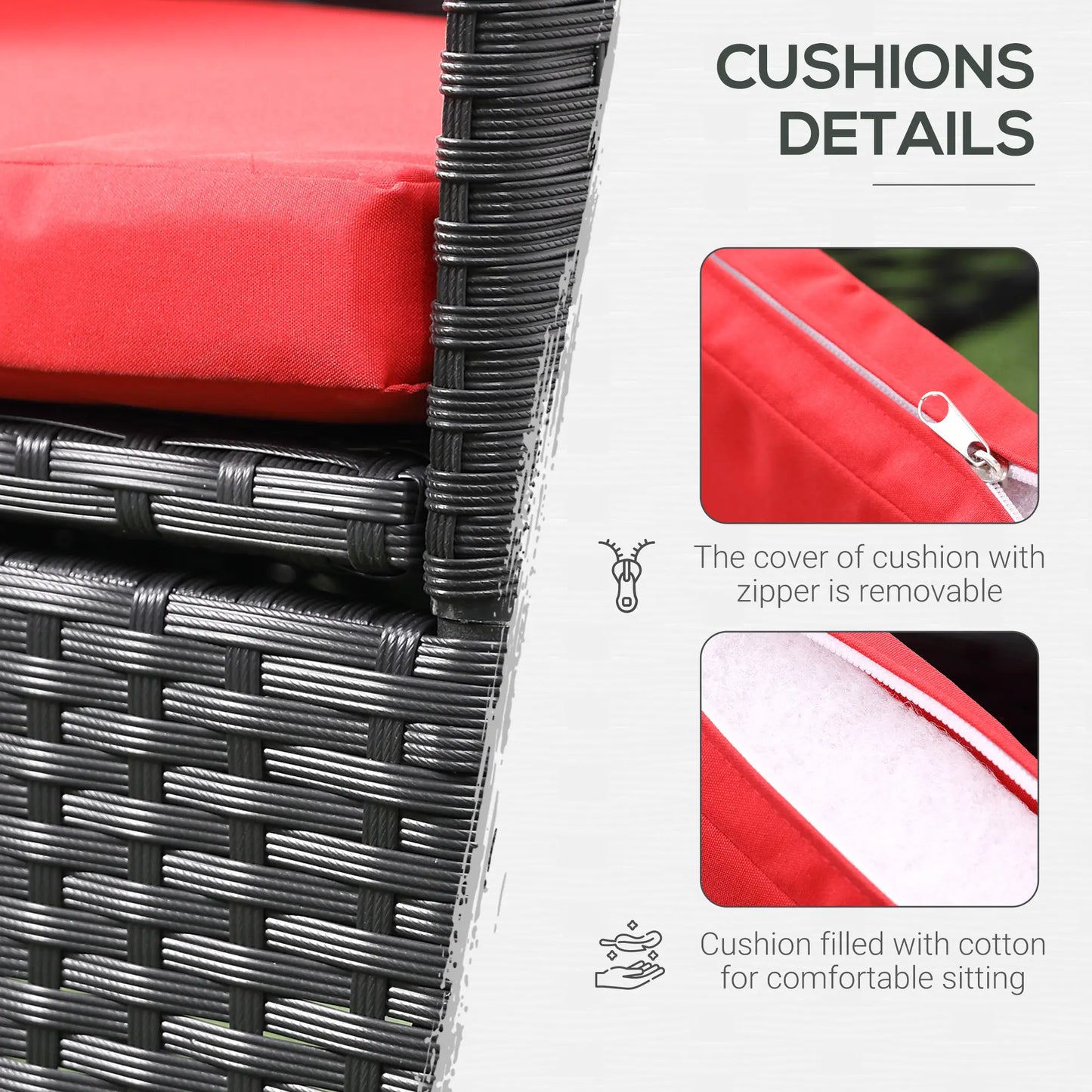 3-Piece Wicker Patio Furniture Set, Rattan Bistro Set with Glass Top Table and Cushions, Outdoor Conversation Set for Garden, Porch, Balcony, Red.