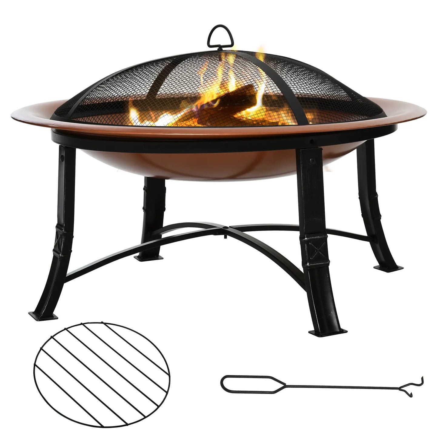 30" Outdoor Fire Pit Bowl, Round Fire Pit with Lid, Log Grate, Poker for Backyard, Camping, Picnic, Bronze