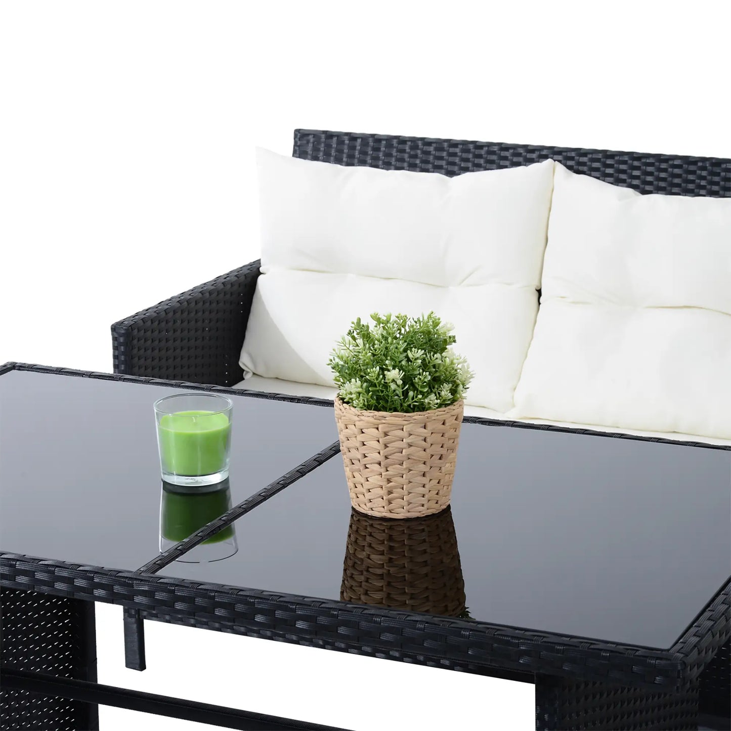 6pcs Outdoor Rattan Sofa Set Garden Wicker Sectional Couch Furniture Set with Dining Table and Chair White