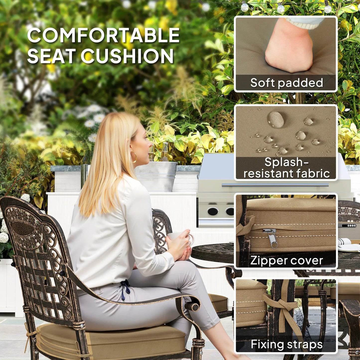 Outdoor Dining Set for 6, Aluminum Patio Table and Chairs Furniture Set with Umbrella Hole, Cushions, Bronze