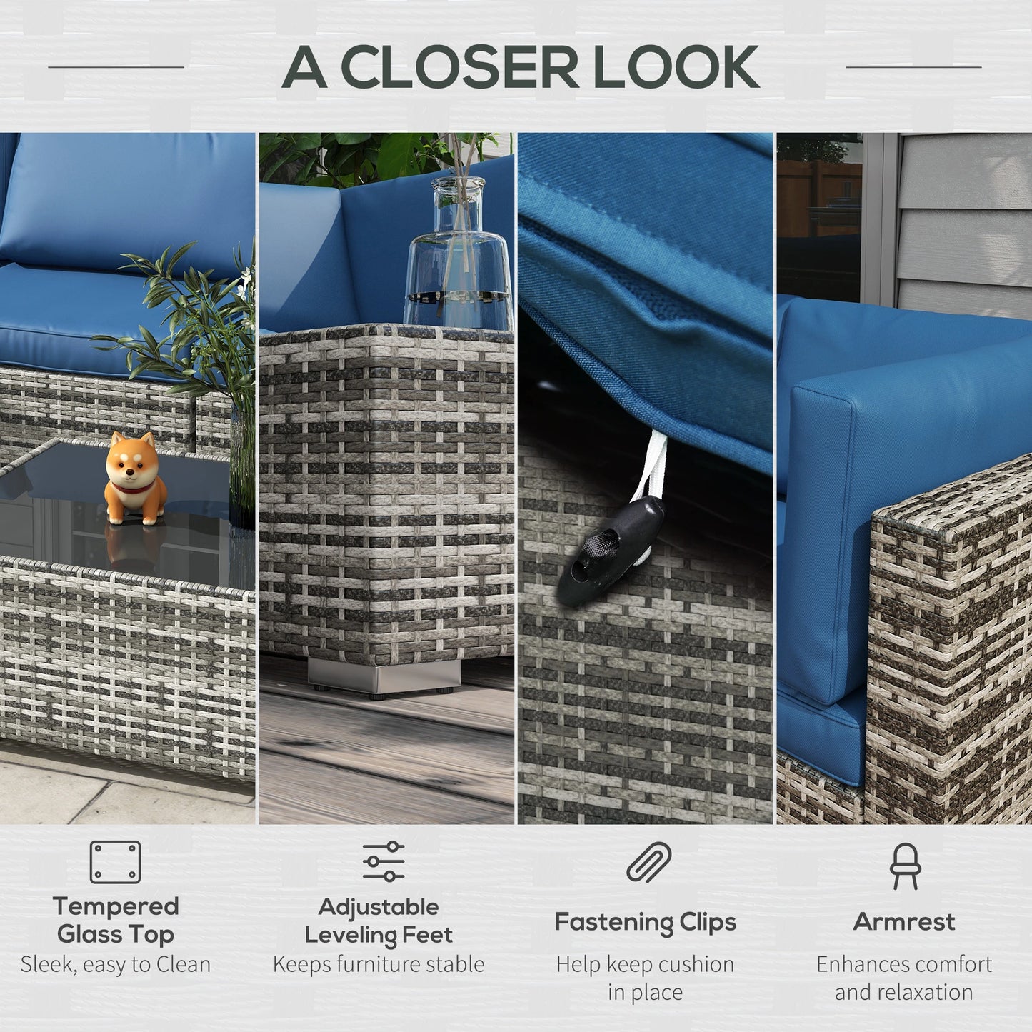 7pc Garden Wicker Sectional Set w/ Tea Table Patio Rattan Lounge Sofa Outdoor Deck Furniture Blue
