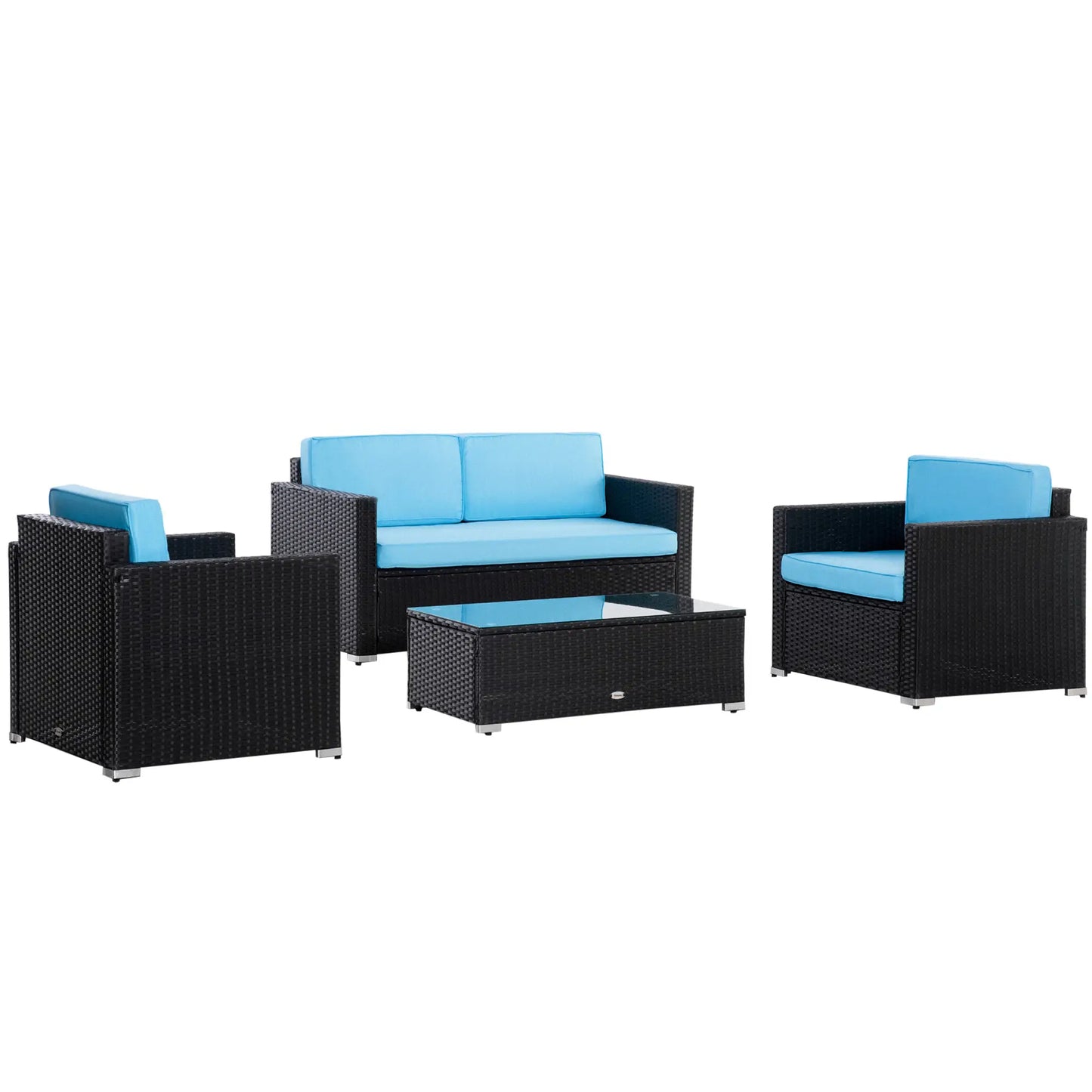 4 Pieces Wicker Patio Furniture Set with Thick Cushions, Outdoor PE Rattan Conversation Sofa Set with Glass Top Table & Extra Wide Seat, Sky Blue