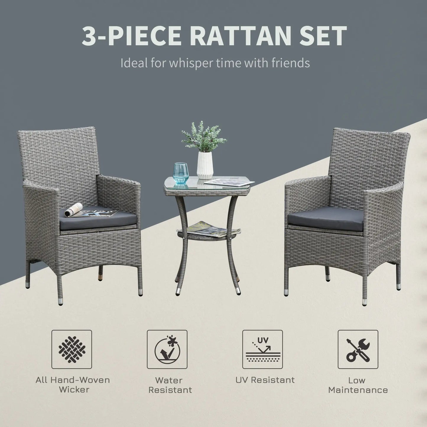 3 Pieces Wicker Patio Furniture Set, Rattan Bistro Set with Glass Top Coffee Table and Cushions, Outdoor Conversation Set for Garden, Porch, Balcony, Grey