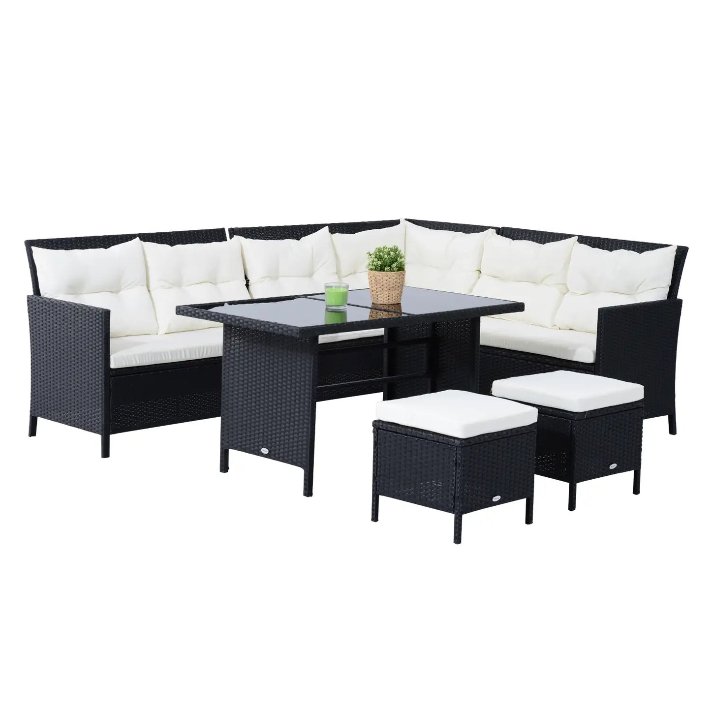 6pcs Outdoor Rattan Sofa Set Garden Wicker Sectional Couch Furniture Set with Dining Table and Chair White