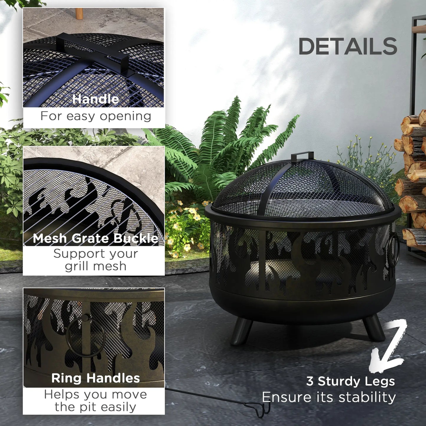 Outdoor Metal Fire Pit, 24" Round Firepit Bowl w/ Lid Grill Poker Handles for Garden, Camping, BBQ, Bonfire, Black