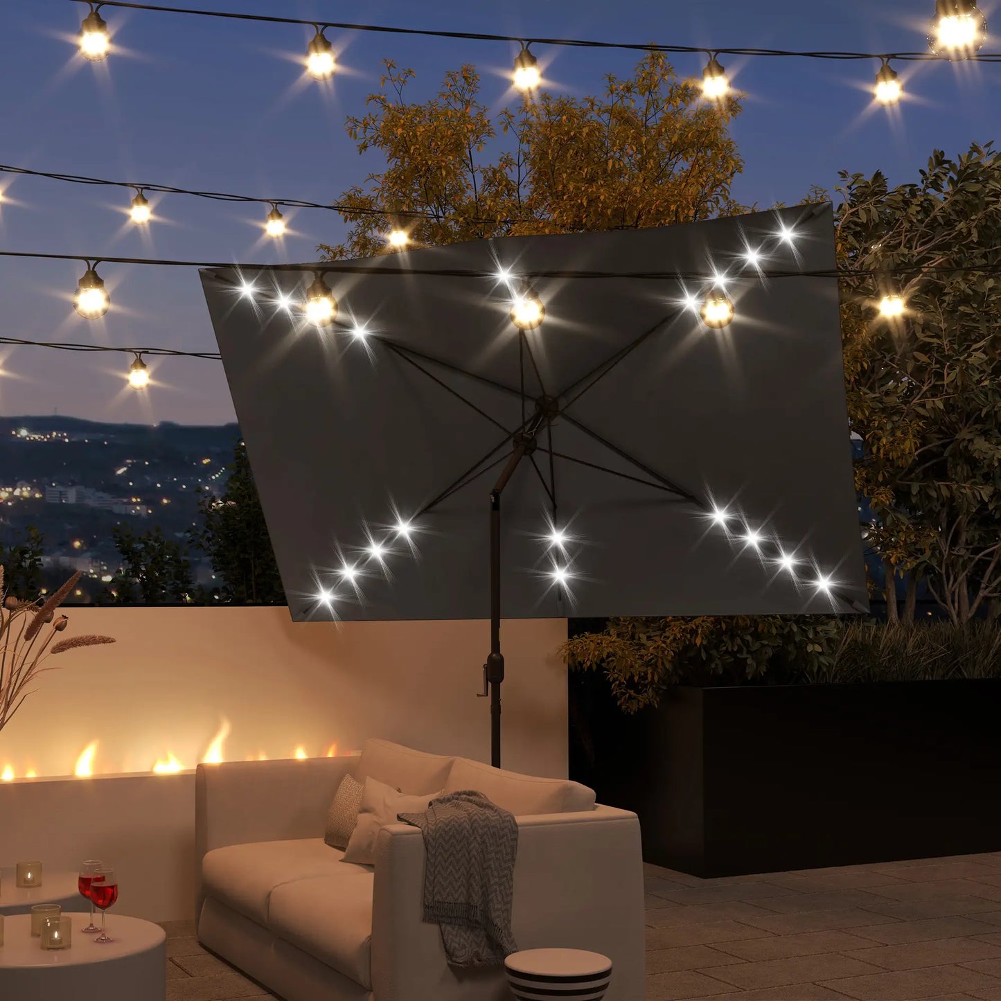 6.5x10ft Patio Umbrella Tilt Aluminum Outdoor Market Parasol with Solar Powered LEDs, Crank - Dark Grey