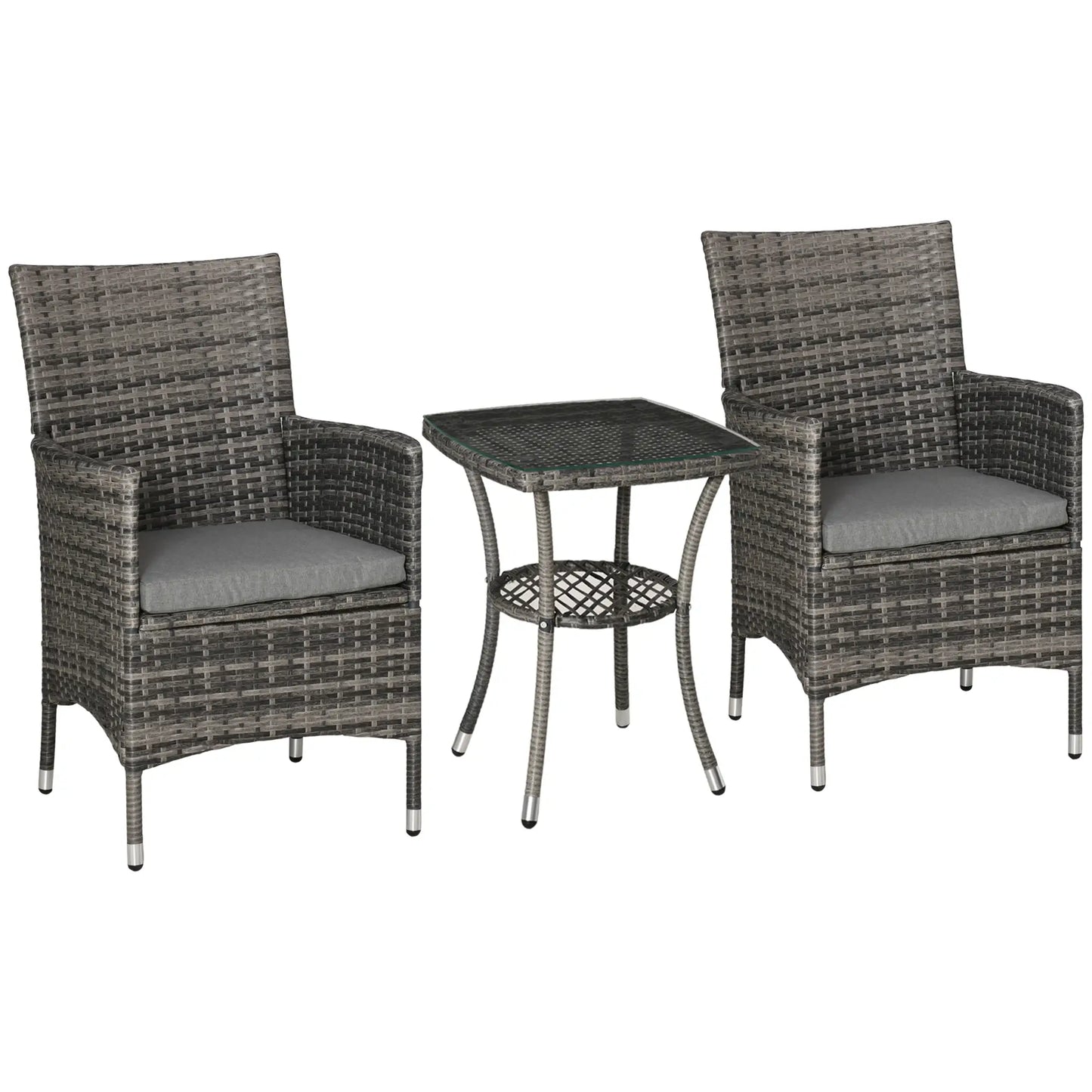 3-Piece Wicker Patio Furniture Set, Rattan Bistro Set with Glass Top Table and Cushions, Outdoor Conversation Set for Garden, Porch, Balcony, Mixed Grey