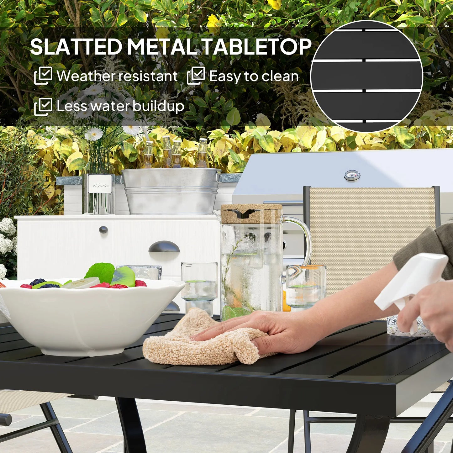 37" Square Outdoor Dining Table, Galvanized Steel Patio Table with 2" Umbrella Hole, Slatted Metal Top, Black