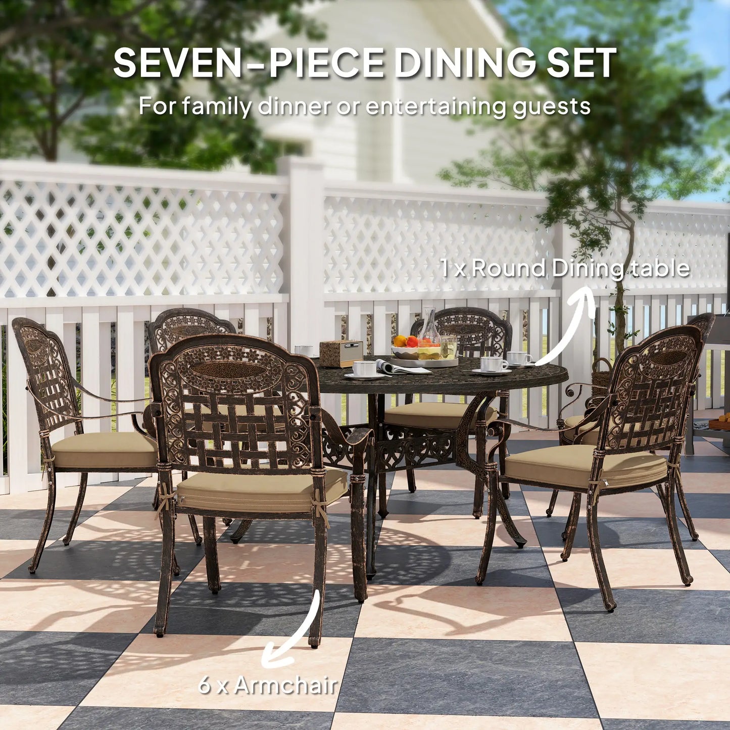 Outdoor Dining Set for 6, Aluminum Patio Table and Chairs Furniture Set with Umbrella Hole, Cushions, Bronze