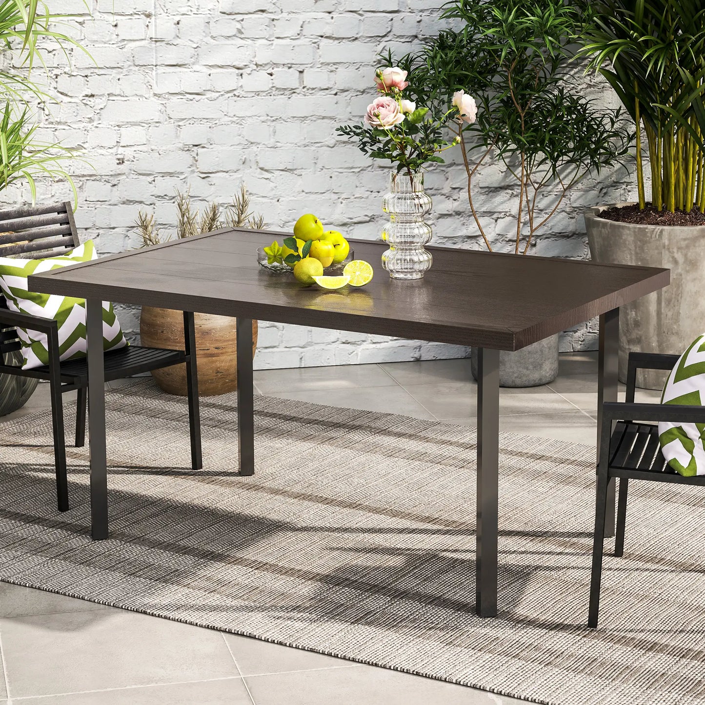Outdoor Patio Dining Table with 2.1" Umbrella Hole, Steel Outdoor Patio Table for 6, Dark Brown