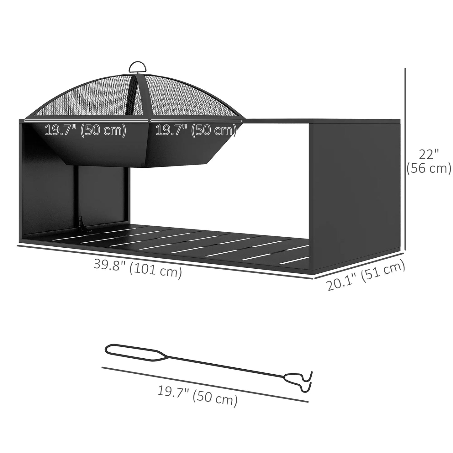 Fire Pit Coffee Table with Storage Shelf, Wood-burning Firepit with Spark Screen and Poker, Black