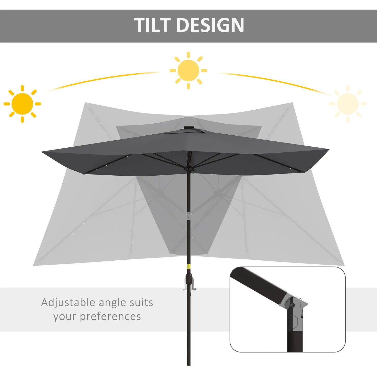 6.5x10ft Patio Umbrella Tilt Aluminum Outdoor Market Parasol with Solar Powered LEDs, Crank - Dark Grey
