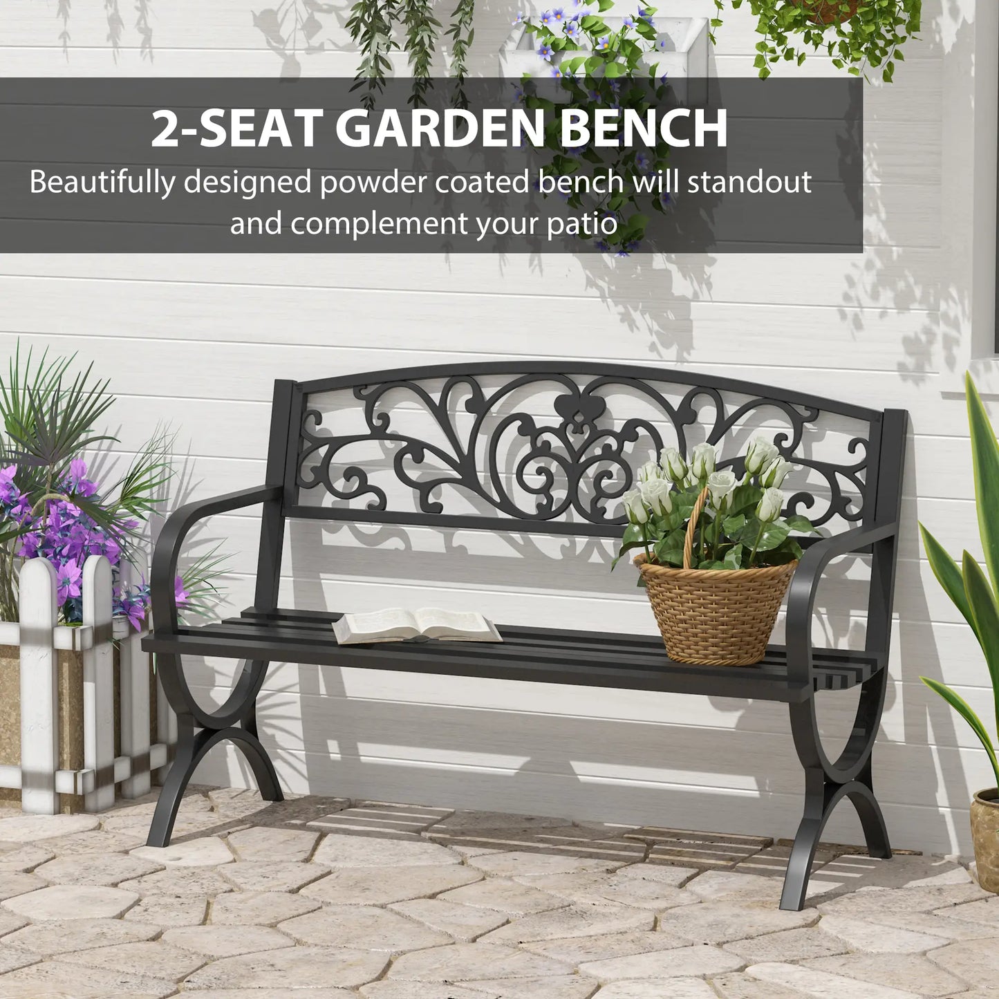 50" 2-Seater Garden Bench, Patio Porch Decorative Chair Cast Iron Loveseat Outdoor Furniture for Yard, Lawn, Porch, Black