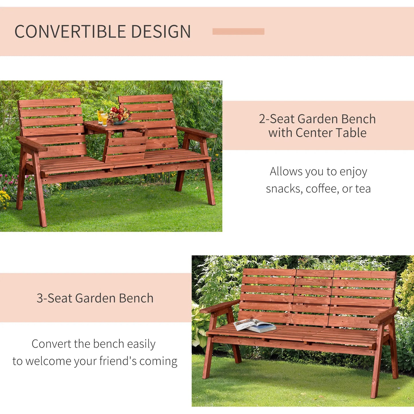 3-Seater Outdoor Bench with Convertible Middle Table, Garden Wooden Patio Loveseat with Middle Table for 2 Persons w/ Slatted Seat and Backrest, Armrests, Orange