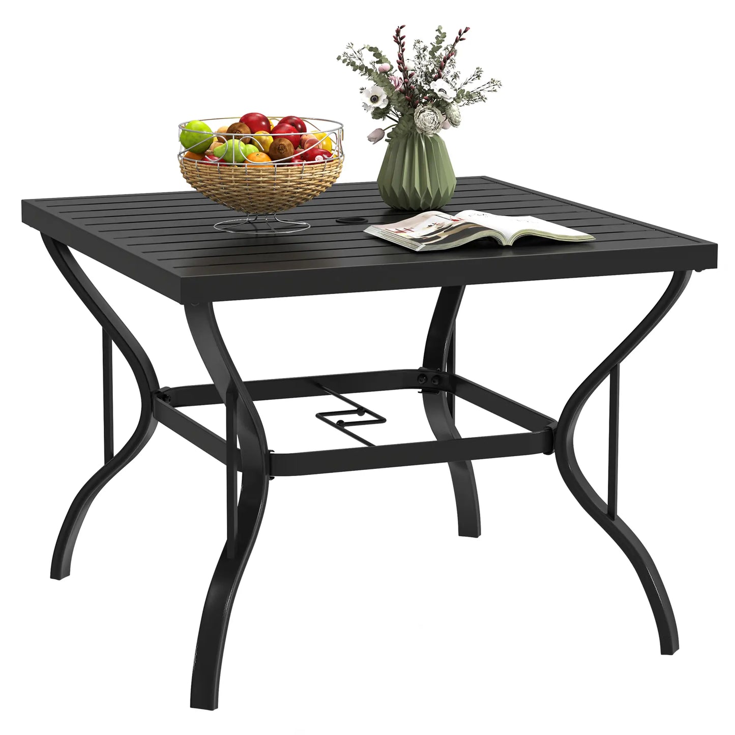 37" Square Outdoor Dining Table, Galvanized Steel Patio Table with 2" Umbrella Hole, Slatted Metal Top, Black