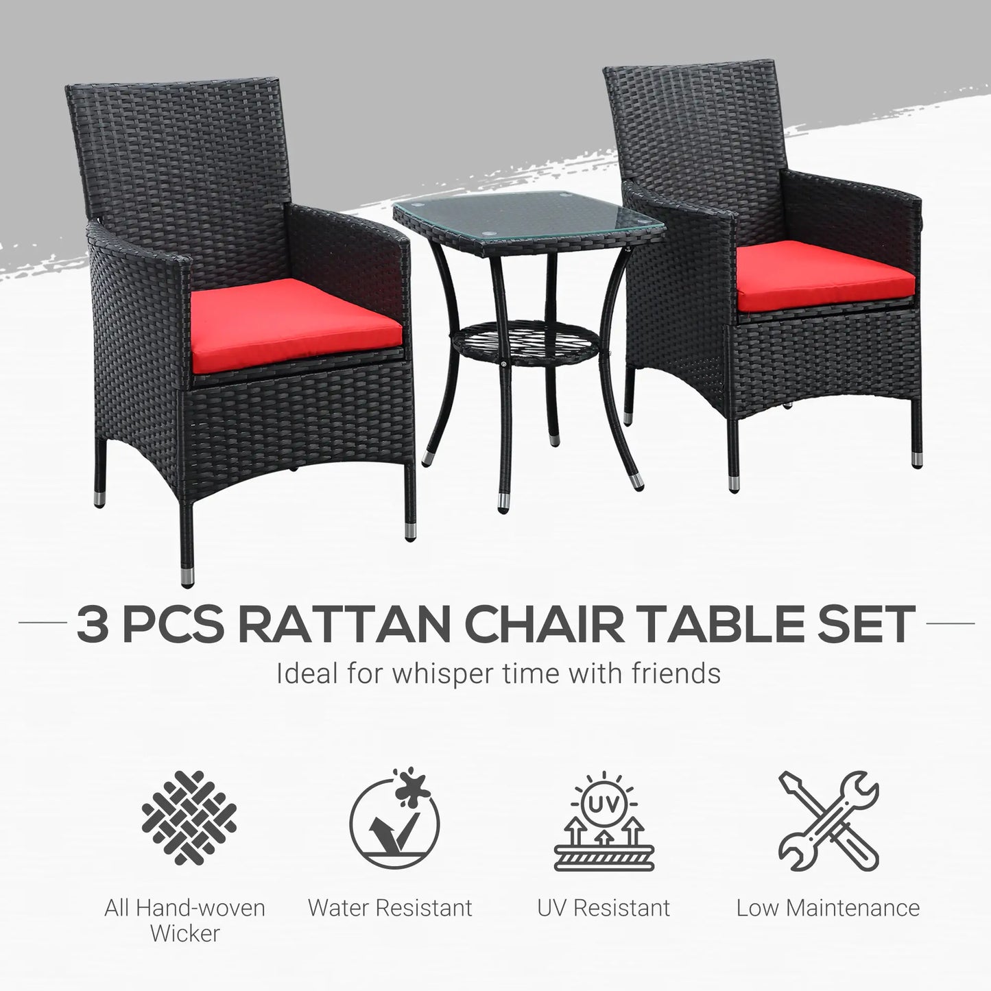3-Piece Wicker Patio Furniture Set, Rattan Bistro Set with Glass Top Table and Cushions, Outdoor Conversation Set for Garden, Porch, Balcony, Red.