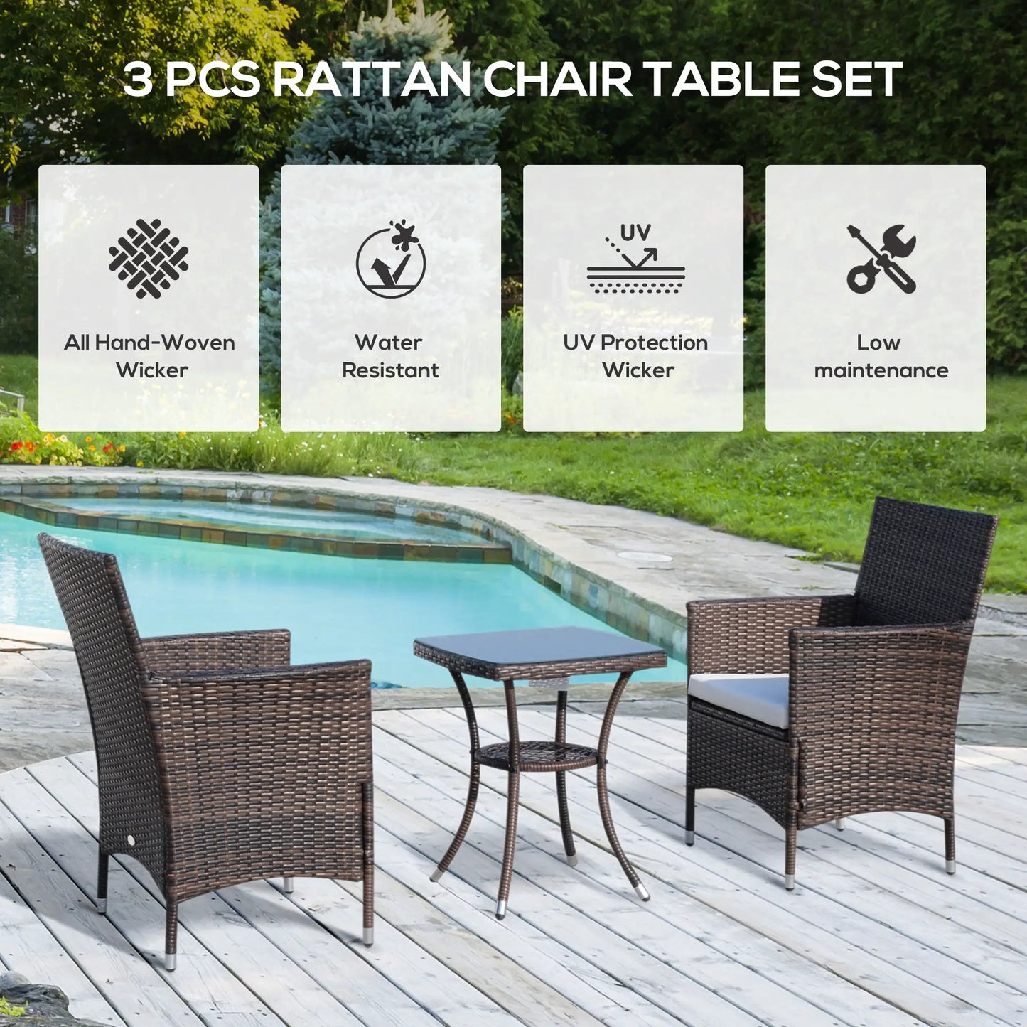 3-Piece Wicker Patio Furniture Set, Rattan Bistro Set with Glass Top Table and Cushions, Outdoor Conversation Set for Garden, Porch, or Balcony.