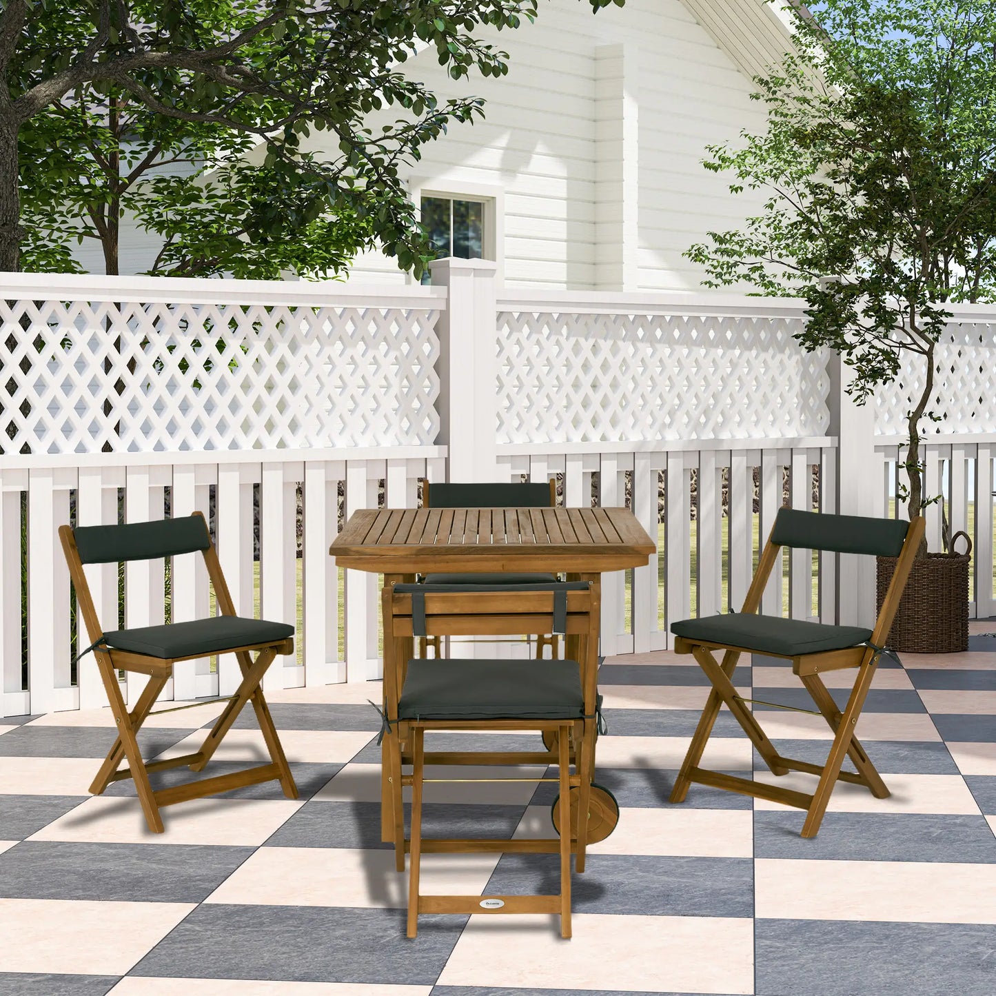 5 Pieces Wood Patio Dining Set, Wheeled Patio Table and Folding Chairs with Cushions for Garden Backyard Poolside, Teak
