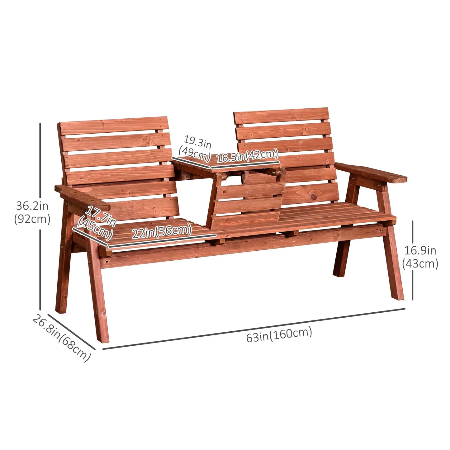 3-Seater Outdoor Bench with Convertible Middle Table, Garden Wooden Patio Loveseat with Middle Table for 2 Persons w/ Slatted Seat and Backrest, Armrests, Orange