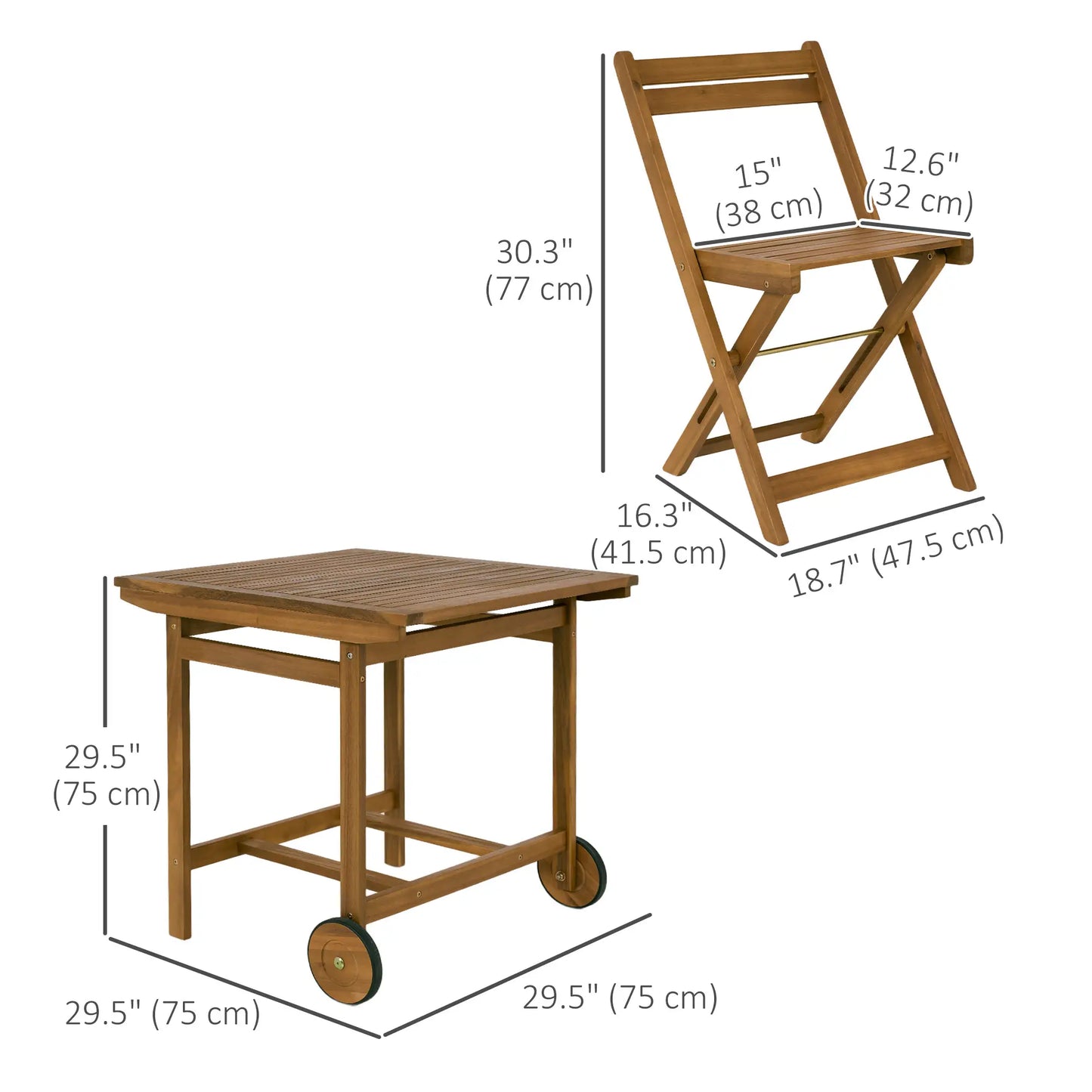 5 Pieces Wood Patio Dining Set, Wheeled Patio Table and Folding Chairs with Cushions for Garden Backyard Poolside, Teak