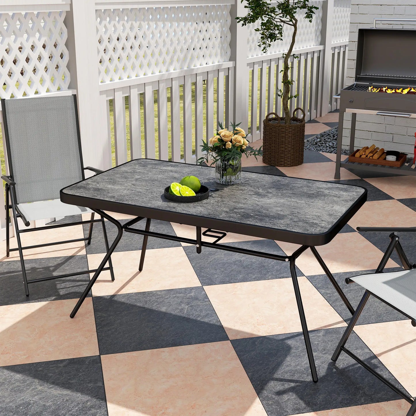 Rectangle Outdoor Dining Table for 6, with 1.7" Umbrella Hole, Easy Clean DPC Plastic Tabletop, 55" x 31.5" x 28"