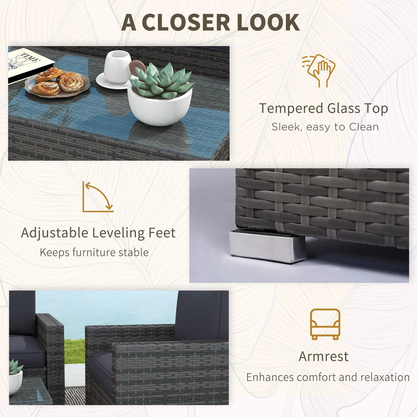 Outdoor Furniture with Table, Wicker Furniture with Loveseat and 2 Chair for Garden, Poolside, Grey