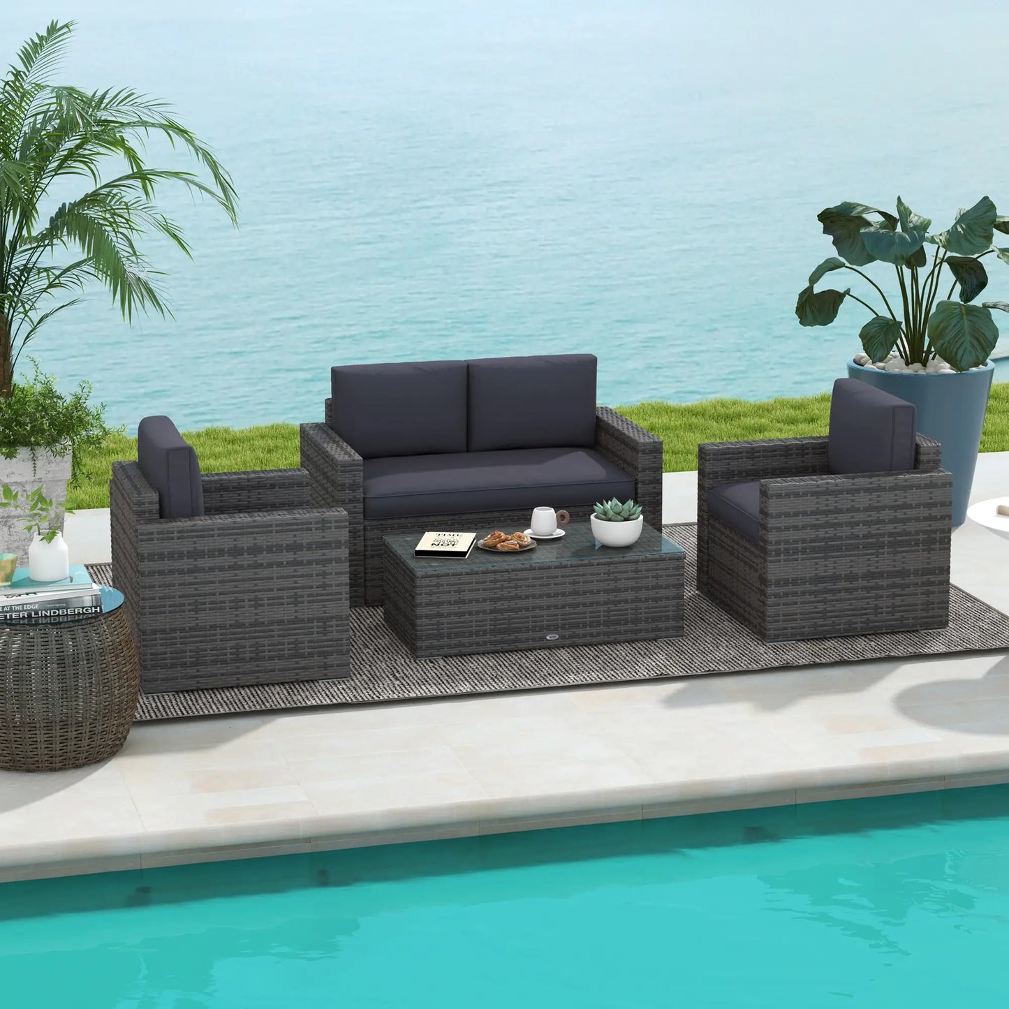 Outdoor Furniture with Table, Wicker Furniture with Loveseat and 2 Chair for Garden, Poolside, Grey
