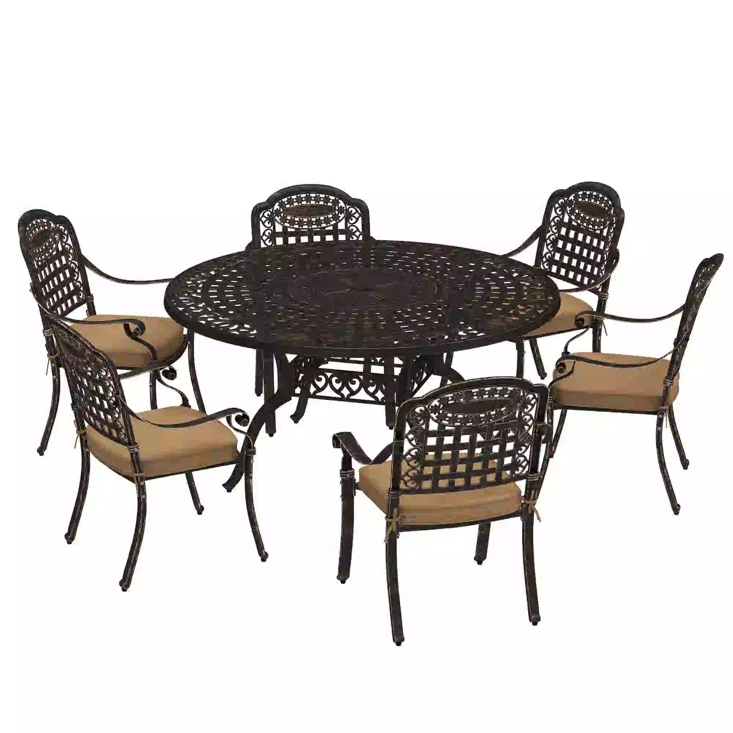 Outdoor Dining Set for 6, Aluminum Patio Table and Chairs Furniture Set with Umbrella Hole, Cushions, Bronze