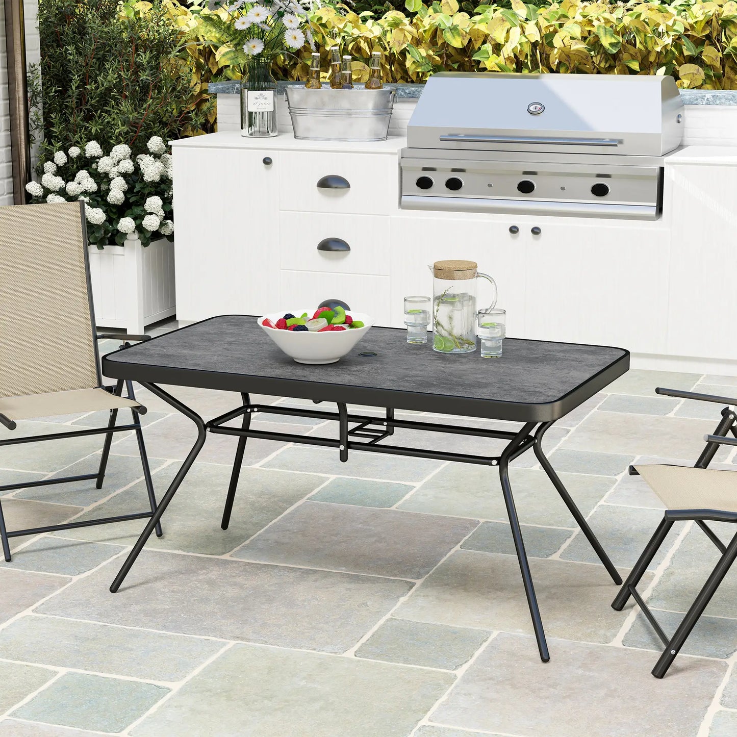 Rectangle Outdoor Dining Table for 6, with 1.7" Umbrella Hole, Easy Clean DPC Plastic Tabletop, 55" x 31.5" x 28"