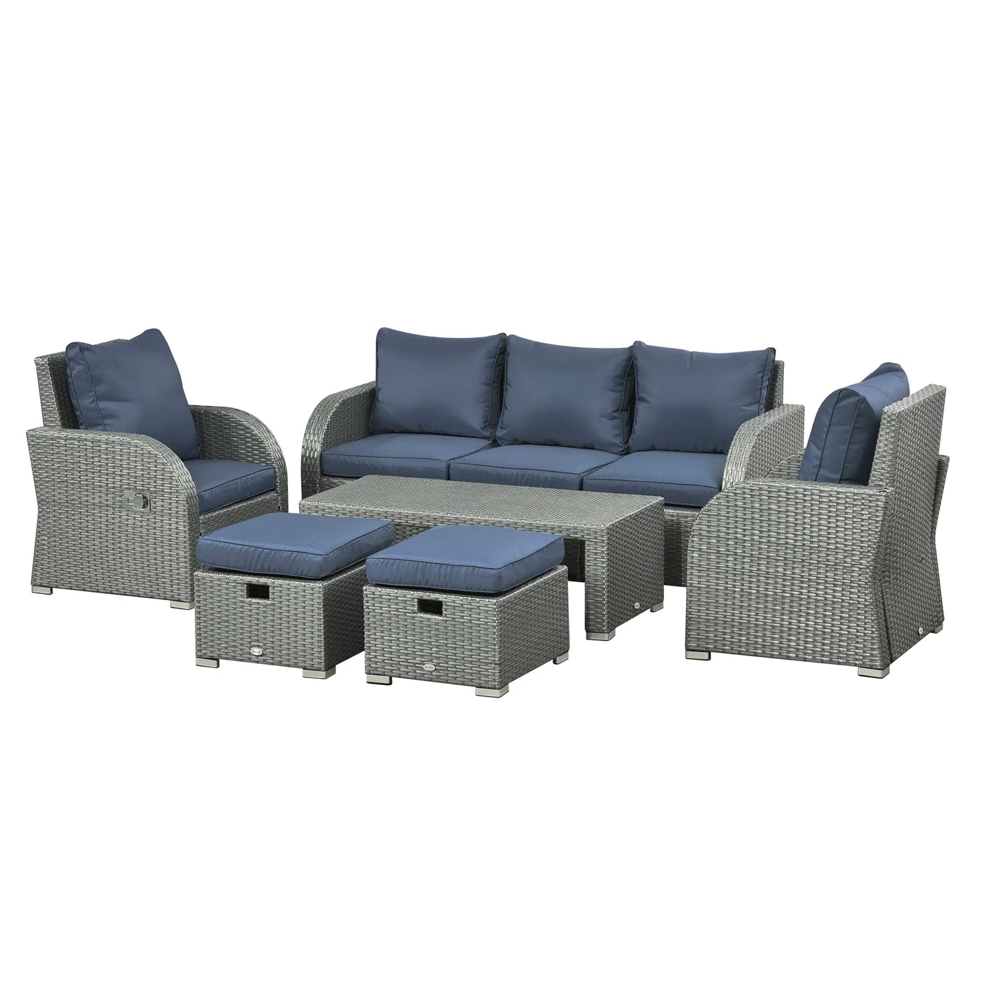 Patio Furniture with Cushions, 6 Pieces PE Wicker Patio Sectional Furniture Conversation Set w/ a Three-Seat Sofa, 2 Recliner Chairs, 2 Footstools & Table, Dark Blue