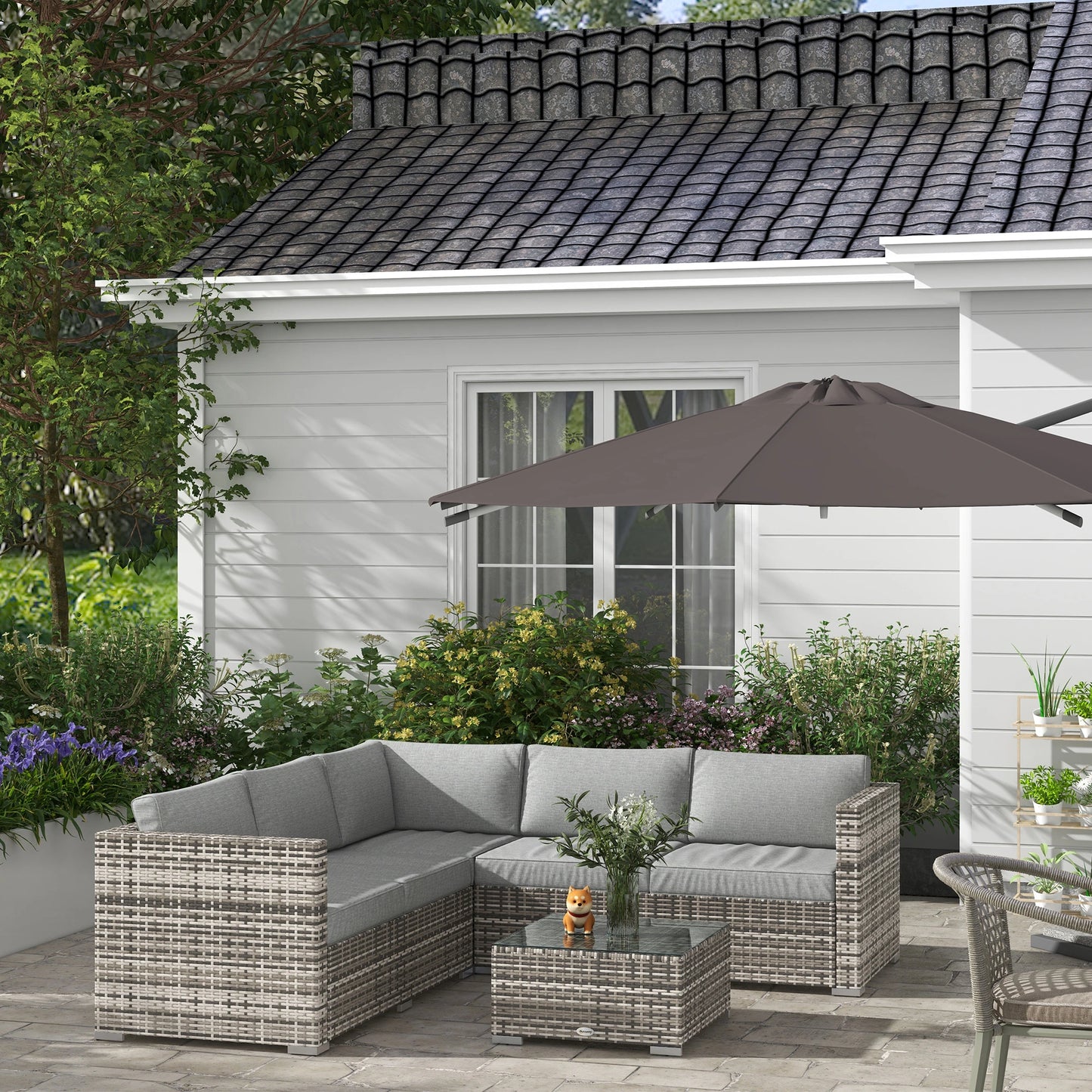 4 Pieces Rattan Wicker Outdoor Conversation Furniture Set w/ Corner Sofa Loveseats Coffee Table Cushions, Mixed Grey