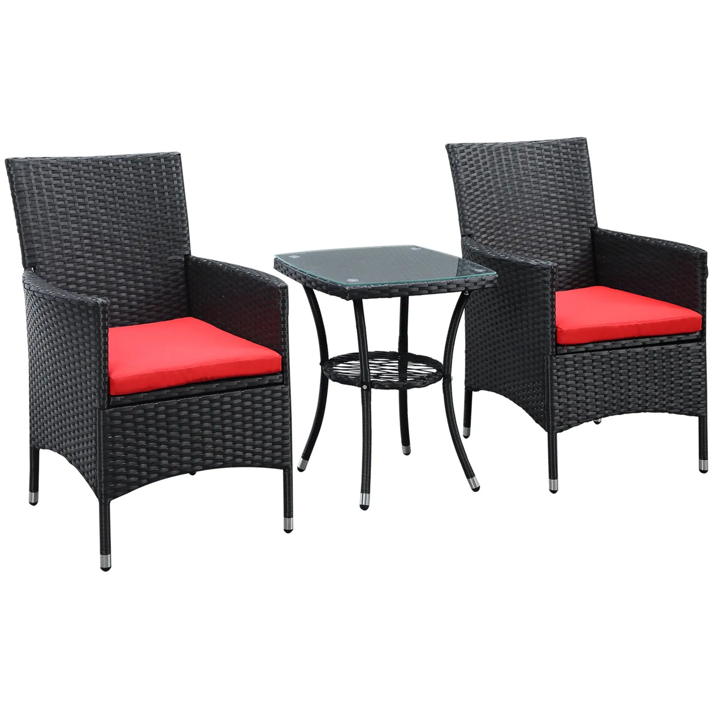 3-Piece Wicker Patio Furniture Set, Rattan Bistro Set with Glass Top Table and Cushions, Outdoor Conversation Set for Garden, Porch, Balcony, Red.