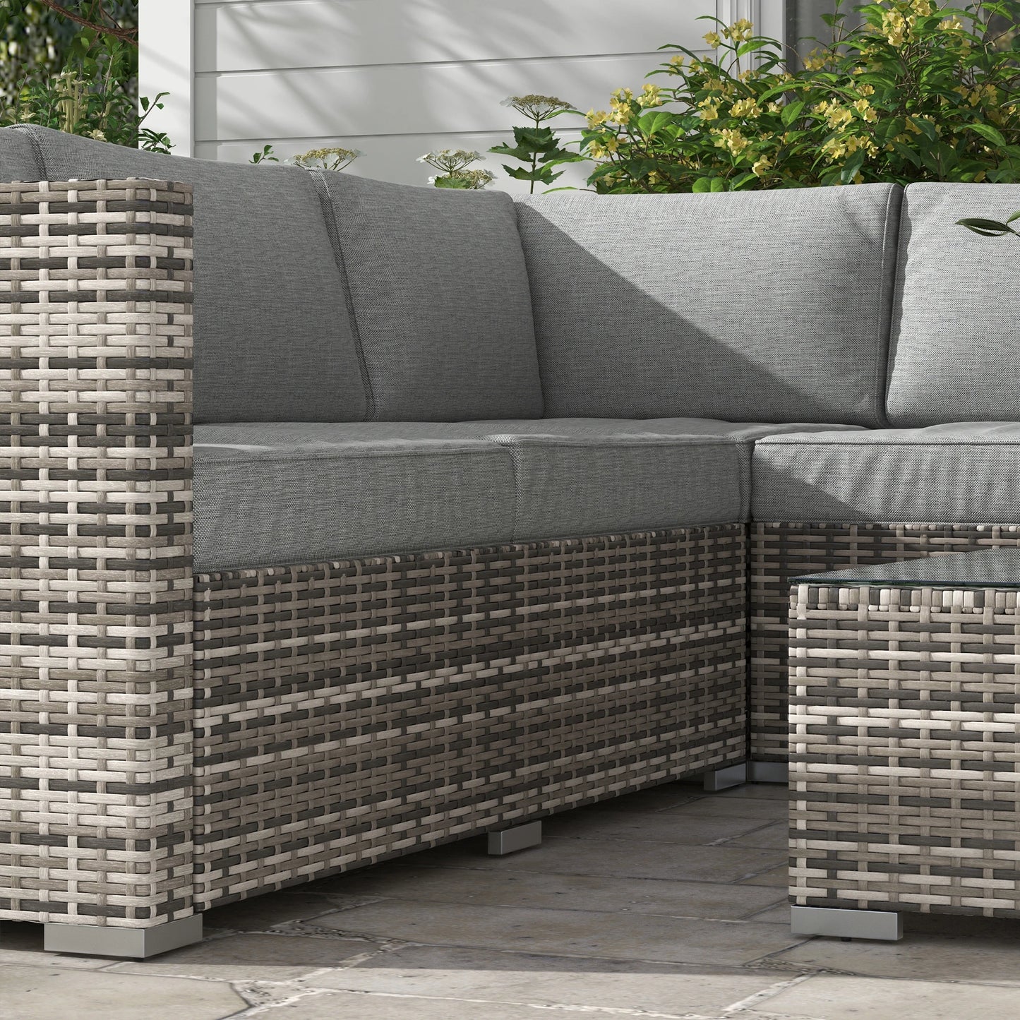 4 Pieces Rattan Wicker Outdoor Conversation Furniture Set w/ Corner Sofa Loveseats Coffee Table Cushions, Mixed Grey