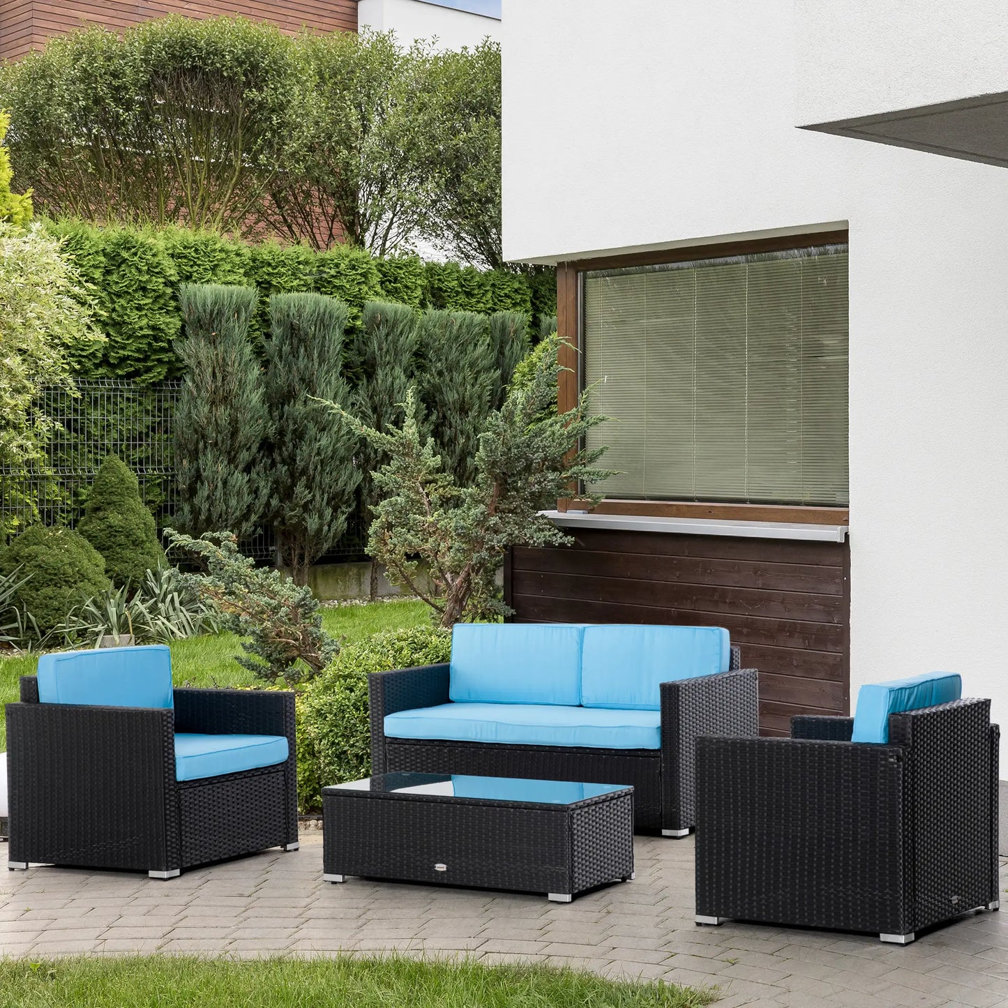 4 Pieces Wicker Patio Furniture Set with Thick Cushions, Outdoor PE Rattan Conversation Sofa Set with Glass Top Table & Extra Wide Seat, Sky Blue