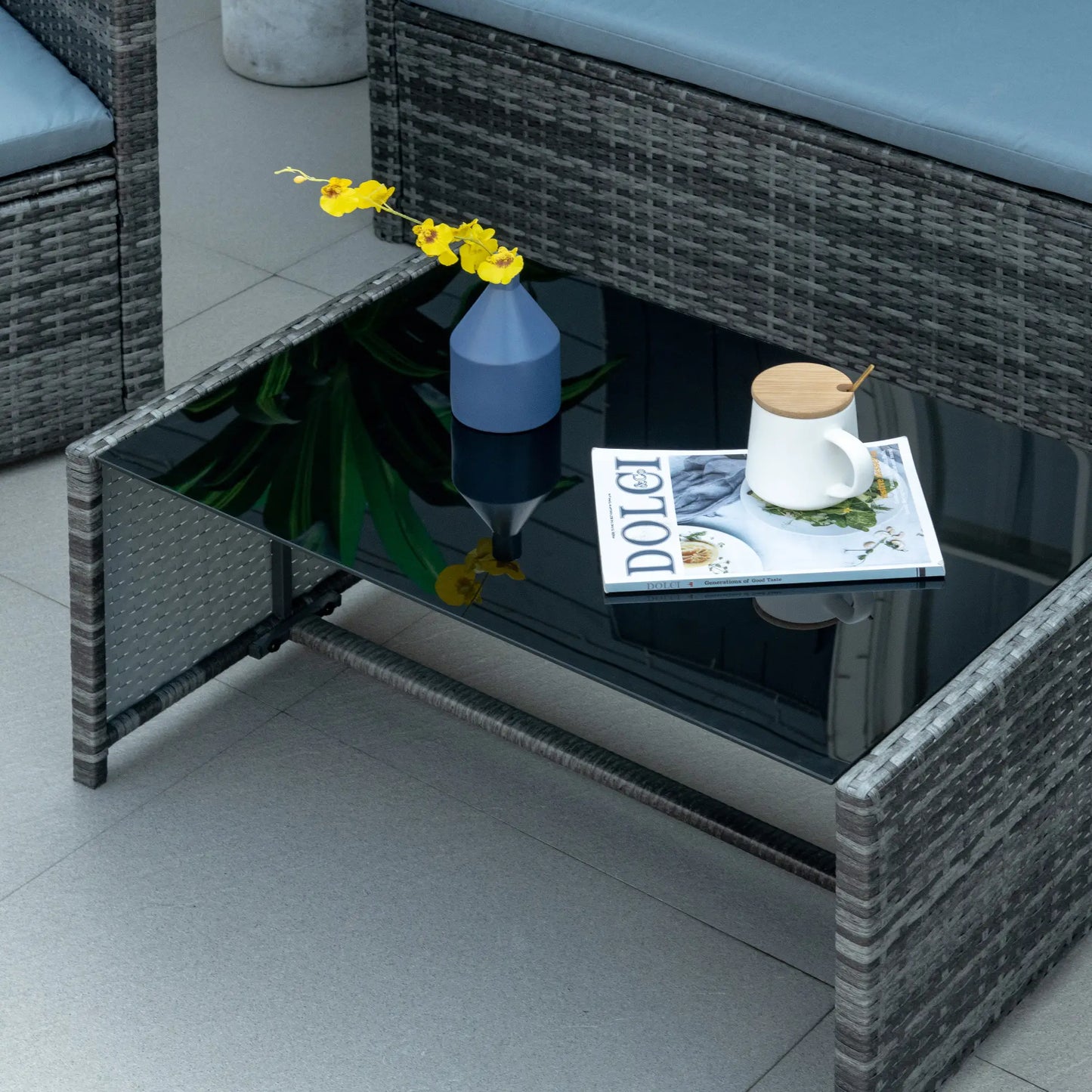 4 Pieces Patio Furniture Set with Cushions, Outdoor PE Rattan Wicker Conversation Garden Sofa Set with 2-Seater Chairs & Glass Coffee Table, Grey