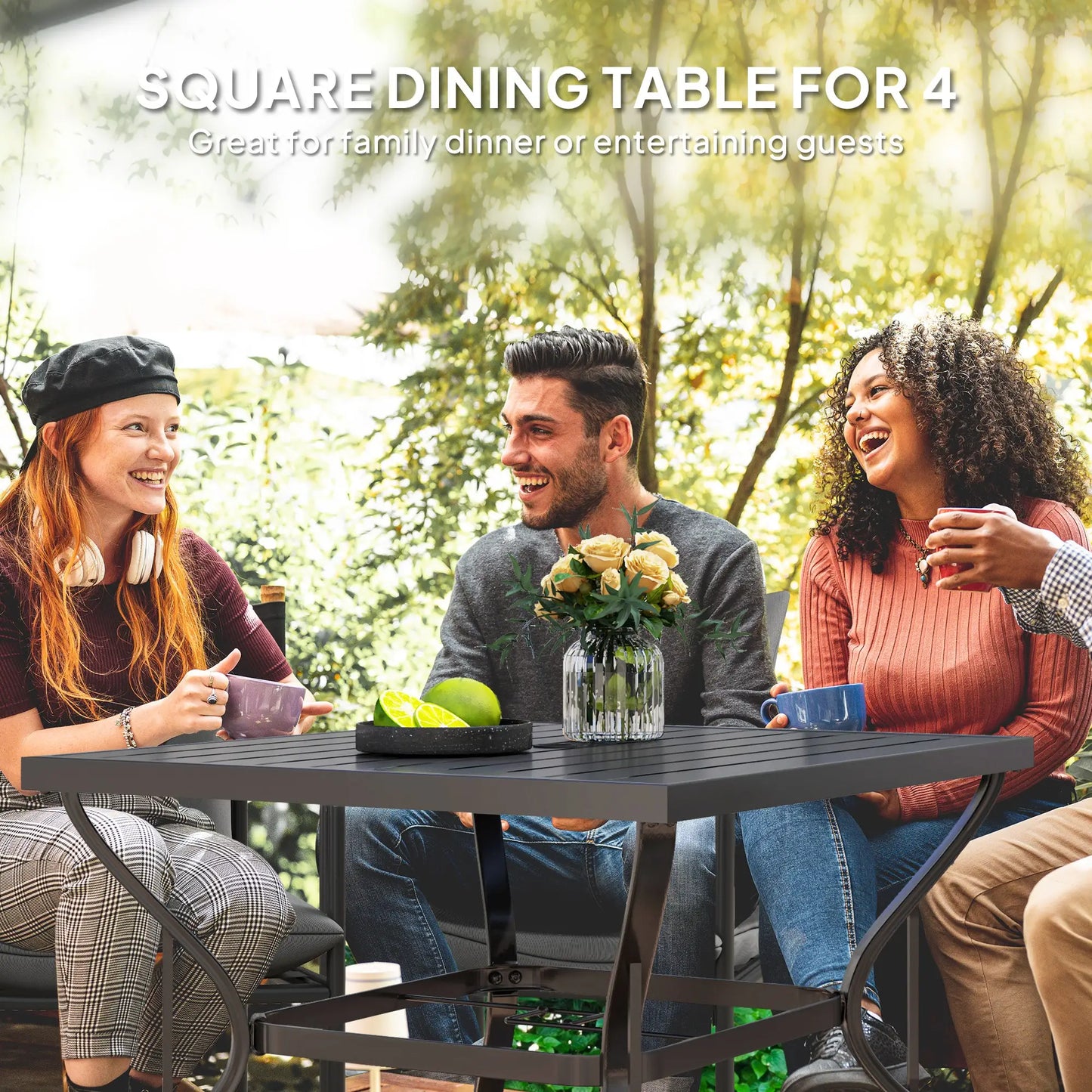 37" Square Outdoor Dining Table, Galvanized Steel Patio Table with 2" Umbrella Hole, Slatted Metal Top, Black