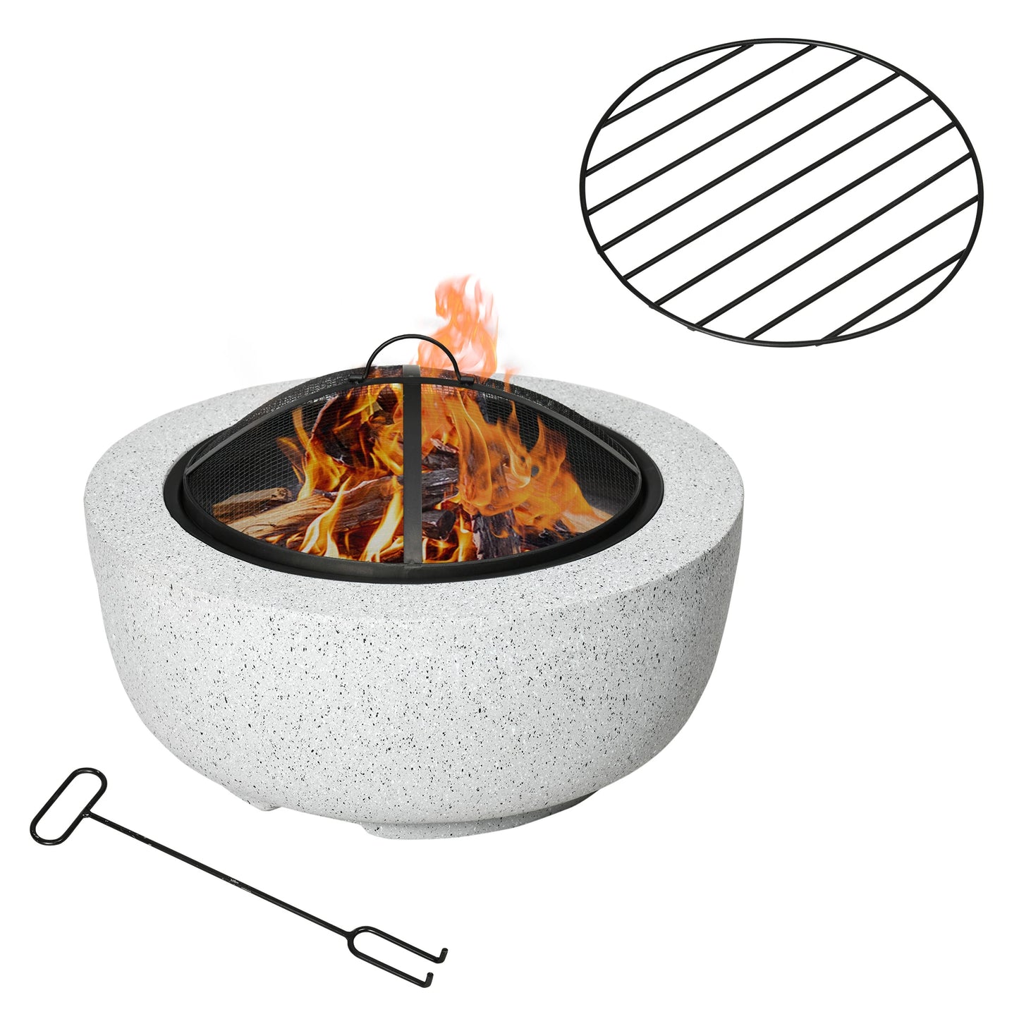 24" Outdoor Fire Pit with Stone Effect, Wood-burning Firepit Fireplace with Spark Screen and Poker for Backyard Camping Bonfire, Gray