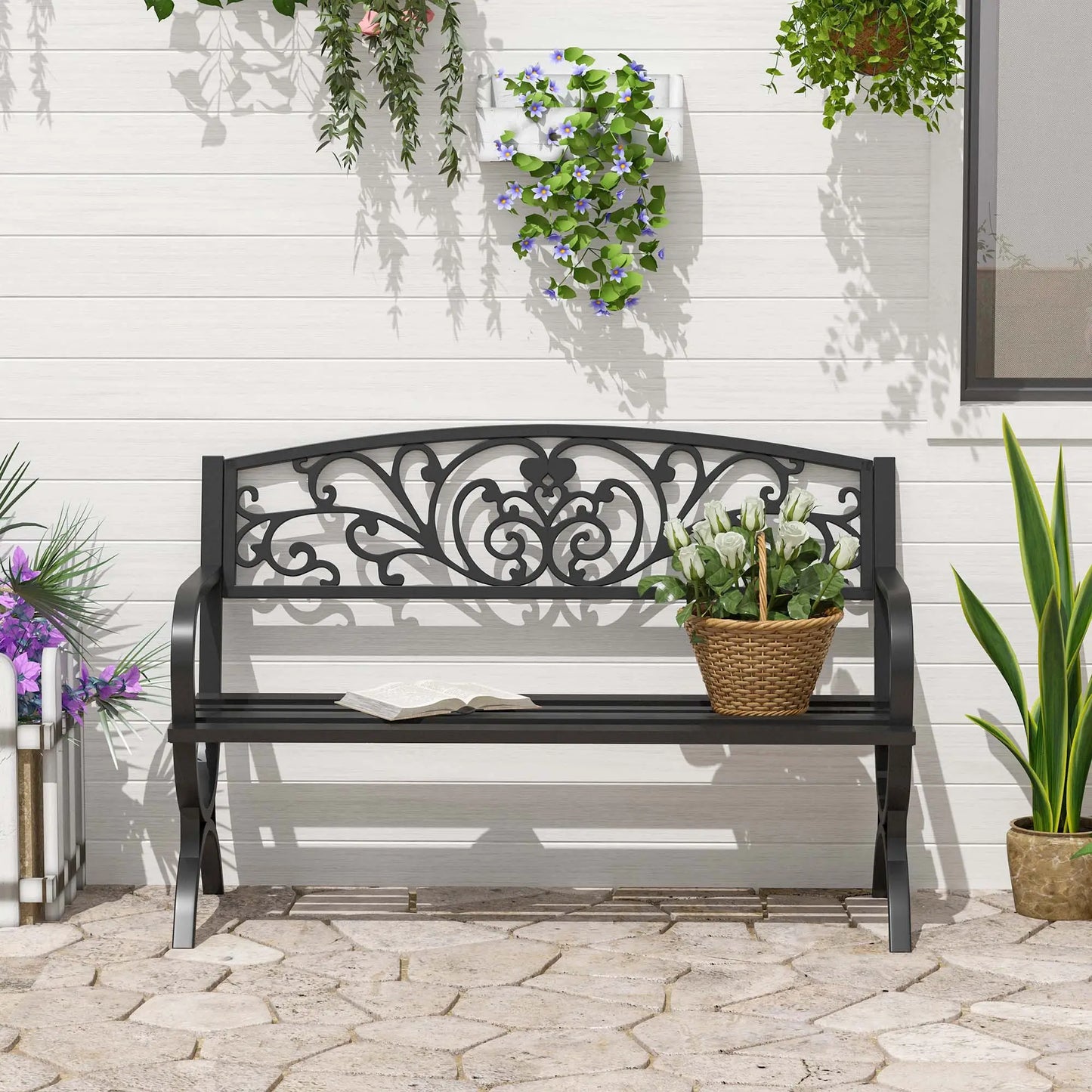 50" 2-Seater Garden Bench, Patio Porch Decorative Chair Cast Iron Loveseat Outdoor Furniture for Yard, Lawn, Porch, Black