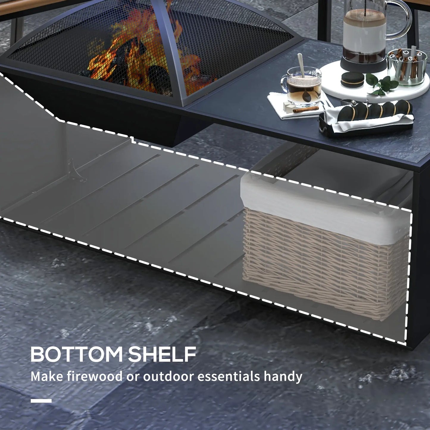 Fire Pit Coffee Table with Storage Shelf, Wood-burning Firepit with Spark Screen and Poker, Black