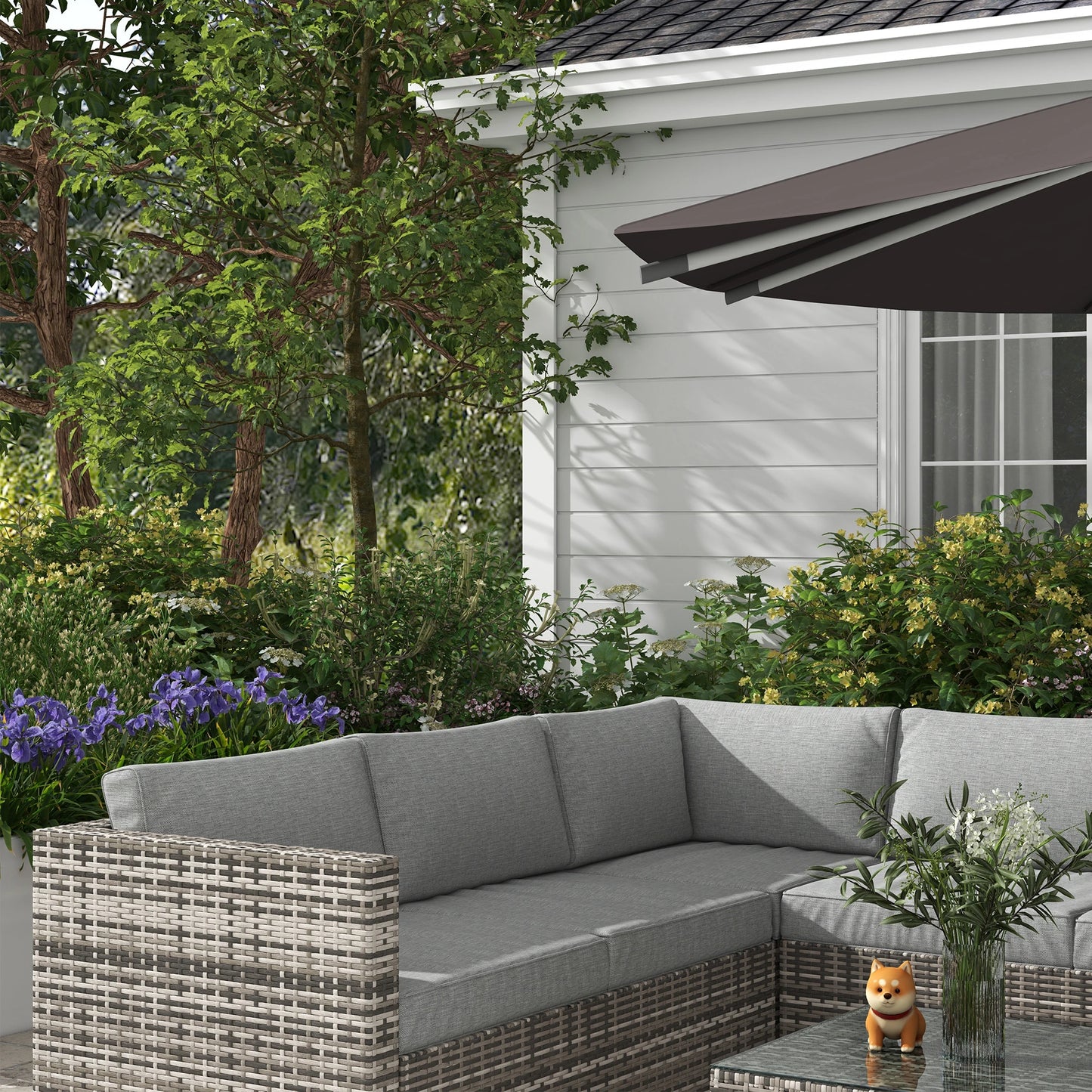 4 Pieces Rattan Wicker Outdoor Conversation Furniture Set w/ Corner Sofa Loveseats Coffee Table Cushions, Mixed Grey