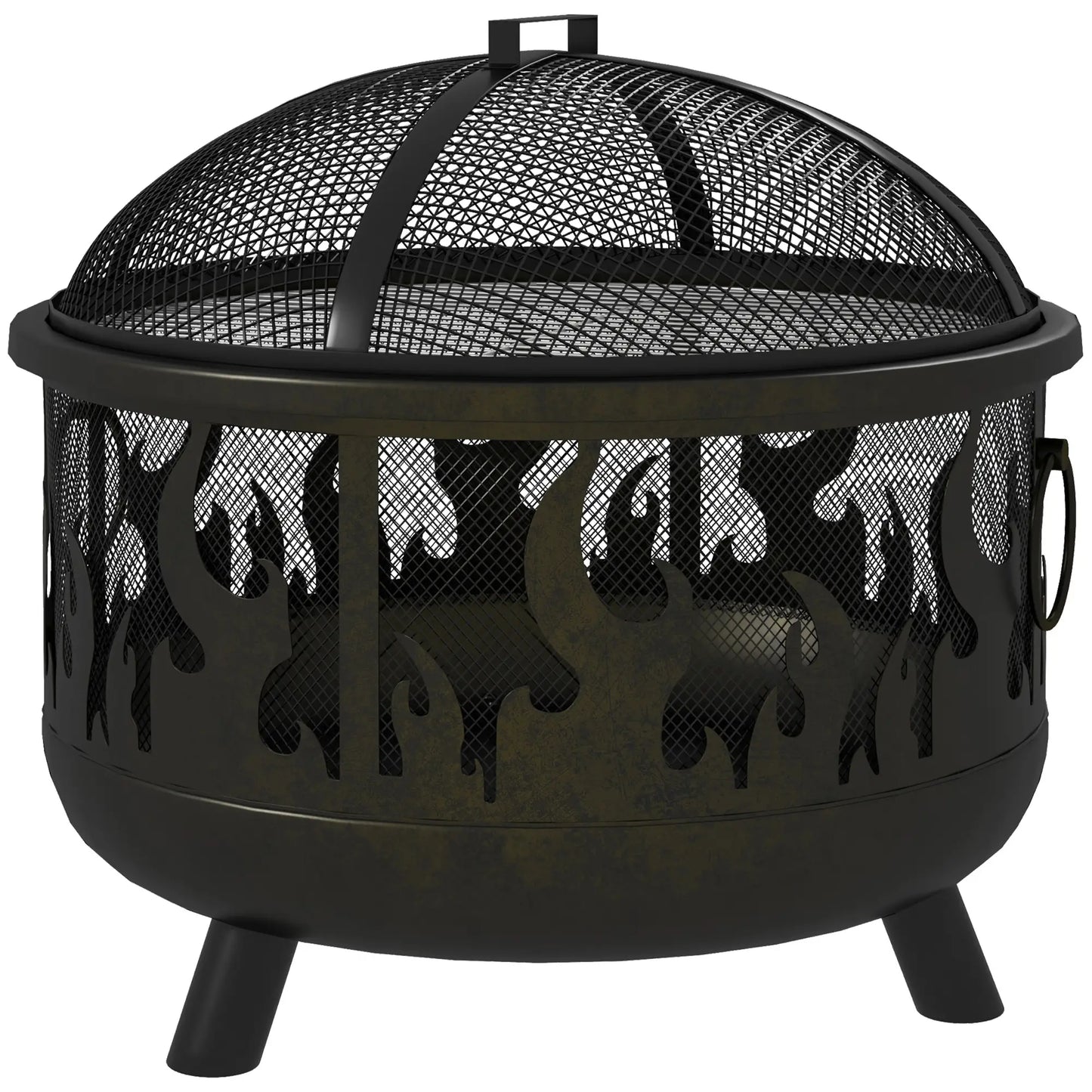 Outdoor Metal Fire Pit, 24" Round Firepit Bowl w/ Lid Grill Poker Handles for Garden, Camping, BBQ, Bonfire, Black