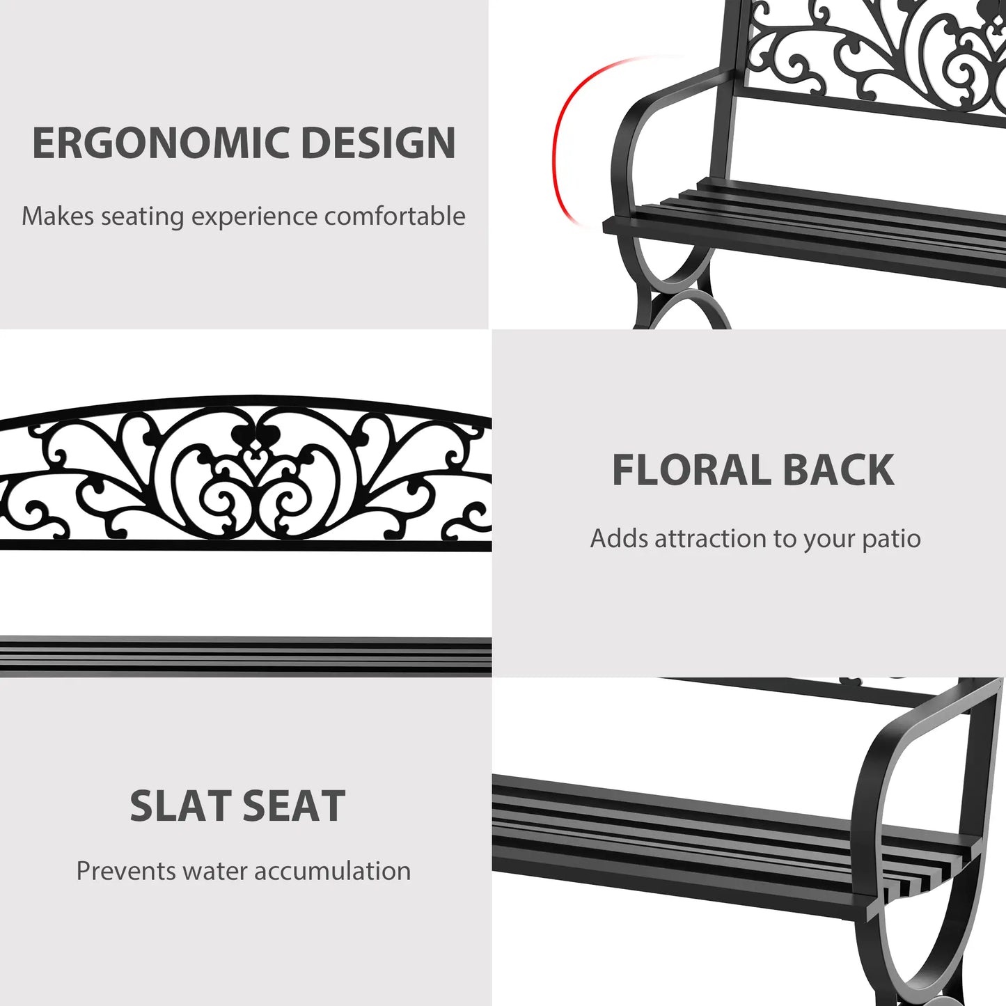 50" 2-Seater Garden Bench, Patio Porch Decorative Chair Cast Iron Loveseat Outdoor Furniture for Yard, Lawn, Porch, Black