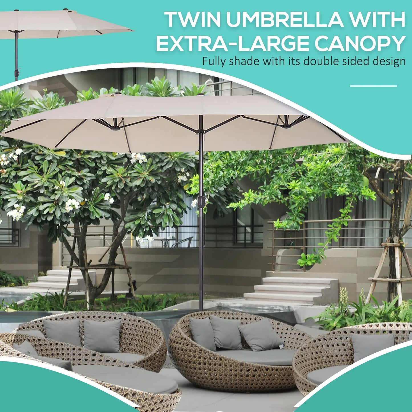 15' Outdoor Patio Umbrella with Twin Canopy Sunshade Steel Table Umbrella with Lift Crank ,Stand is EXCLUDED, Beige