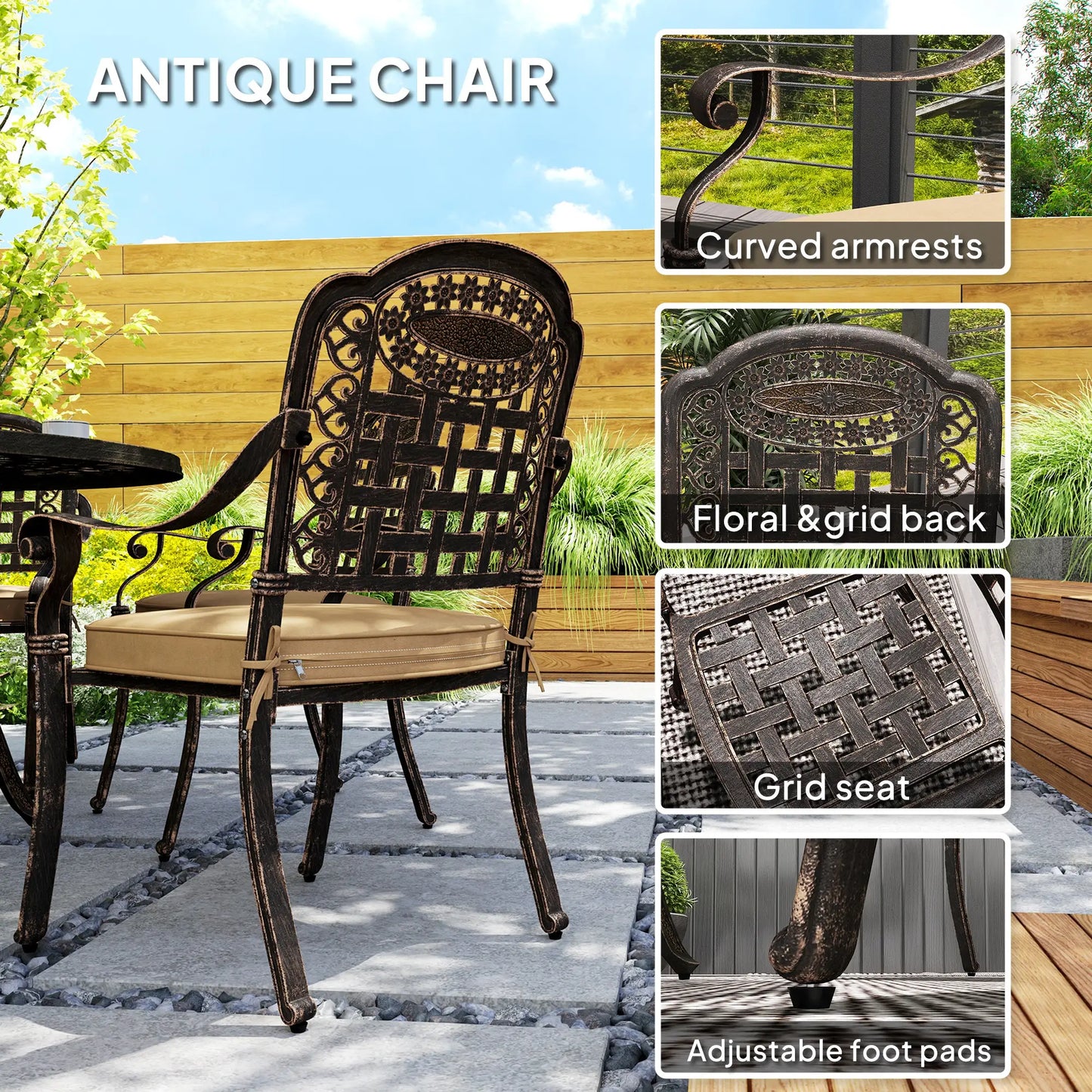 Outdoor Dining Set for 6, Aluminum Patio Table and Chairs Furniture Set with Umbrella Hole, Cushions, Bronze